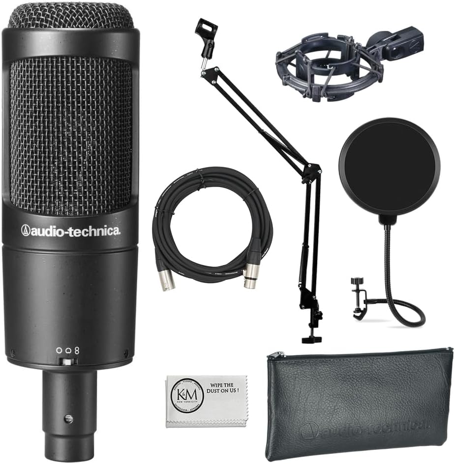 Audio-Technica AT2050 Multi-Pattern Condenser Microphone Bundled with Microphone Arm + Wind Screen Pop Filter + 20-Feet XLR Cable + Cleaning Cloth (5 Items)