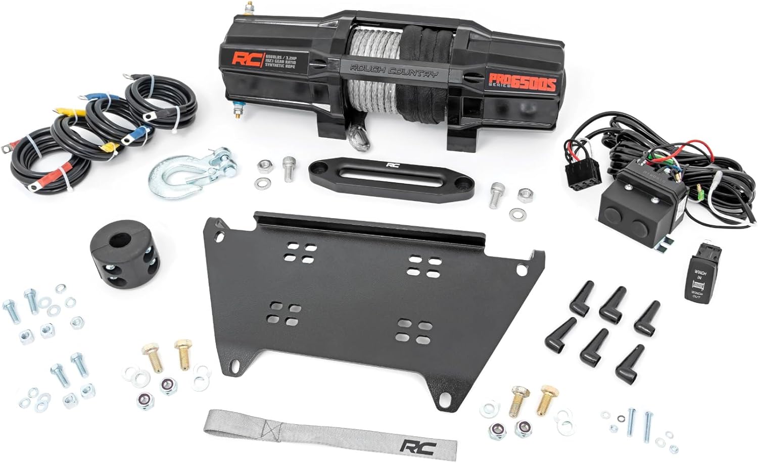 Rough Country 6,500 LB Winch Mount for Polaris Ranger XP 1000 - Bolt-On Mounting Plate with RS6500S UTV Winch & Synthetic Rope