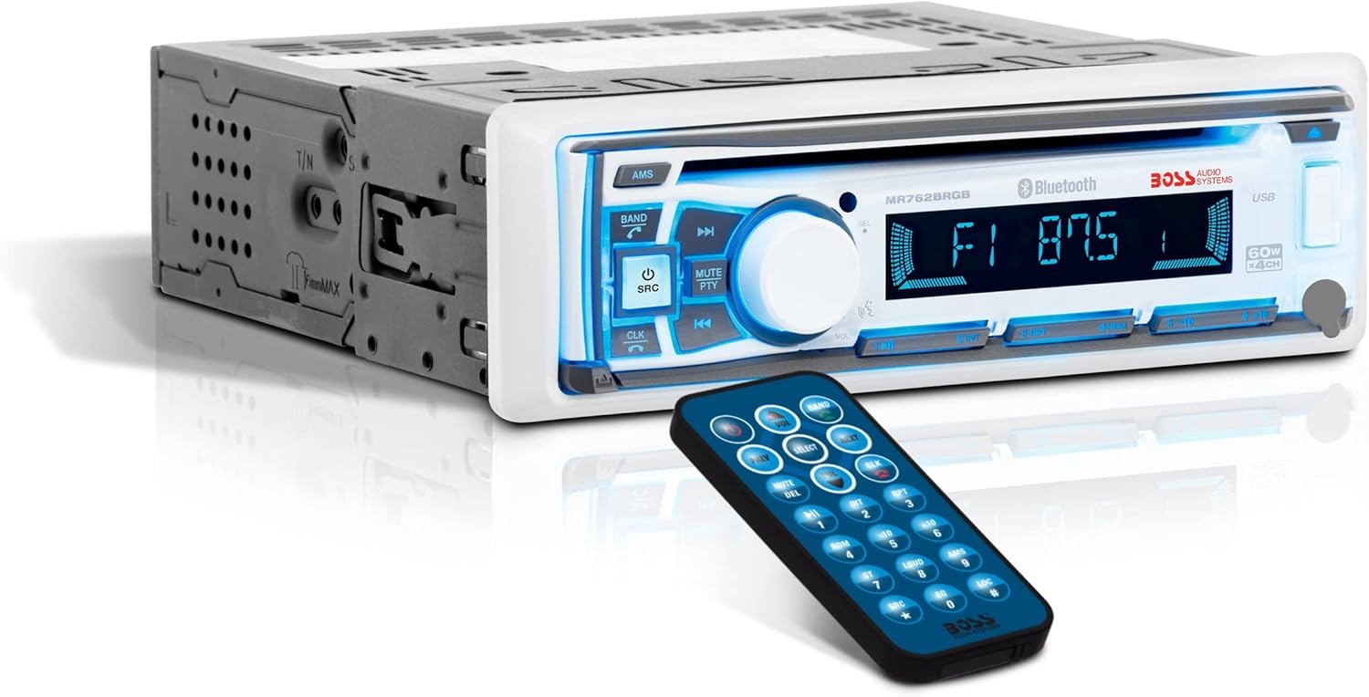 BOSS Audio Systems MR762BRGB Marine Boat Stereo – Single Din, Bluetooth, CD DVD Player, AM FM Radio Receiver, Weatherproof, Multicolor Illumination