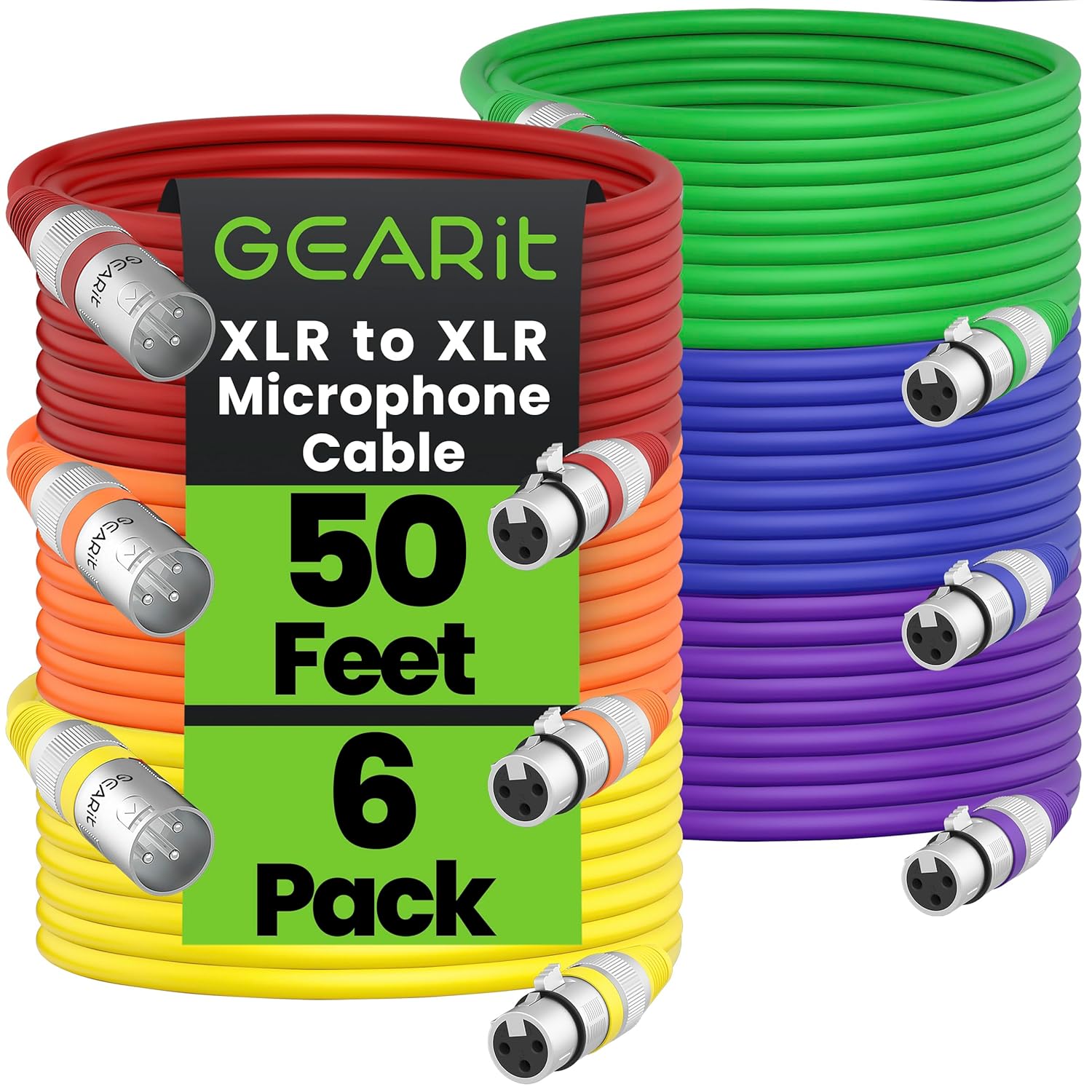 GEARit XLR Male to Female Microphone Cable (50 Feet, 6 Pack) 3-Pin Balanced Shielded Mixer, Recording Studio, Podcast - Multi Colored