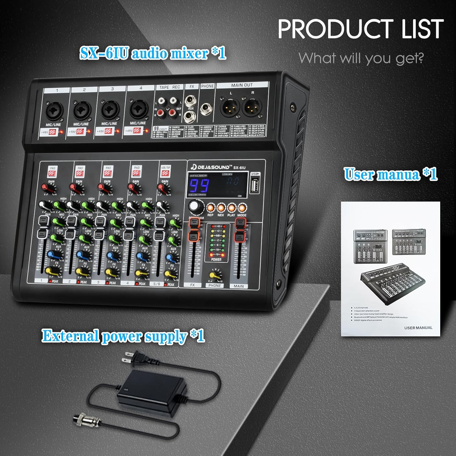 6-Channel Audio Mixer for PC, SX-6iu Mixing Console with XLR Inputs, Bluetooth, 99 Digital Signal Processor Effects, USB Interface, MP3 Compatible for Podcast, Music, Recording 9.84