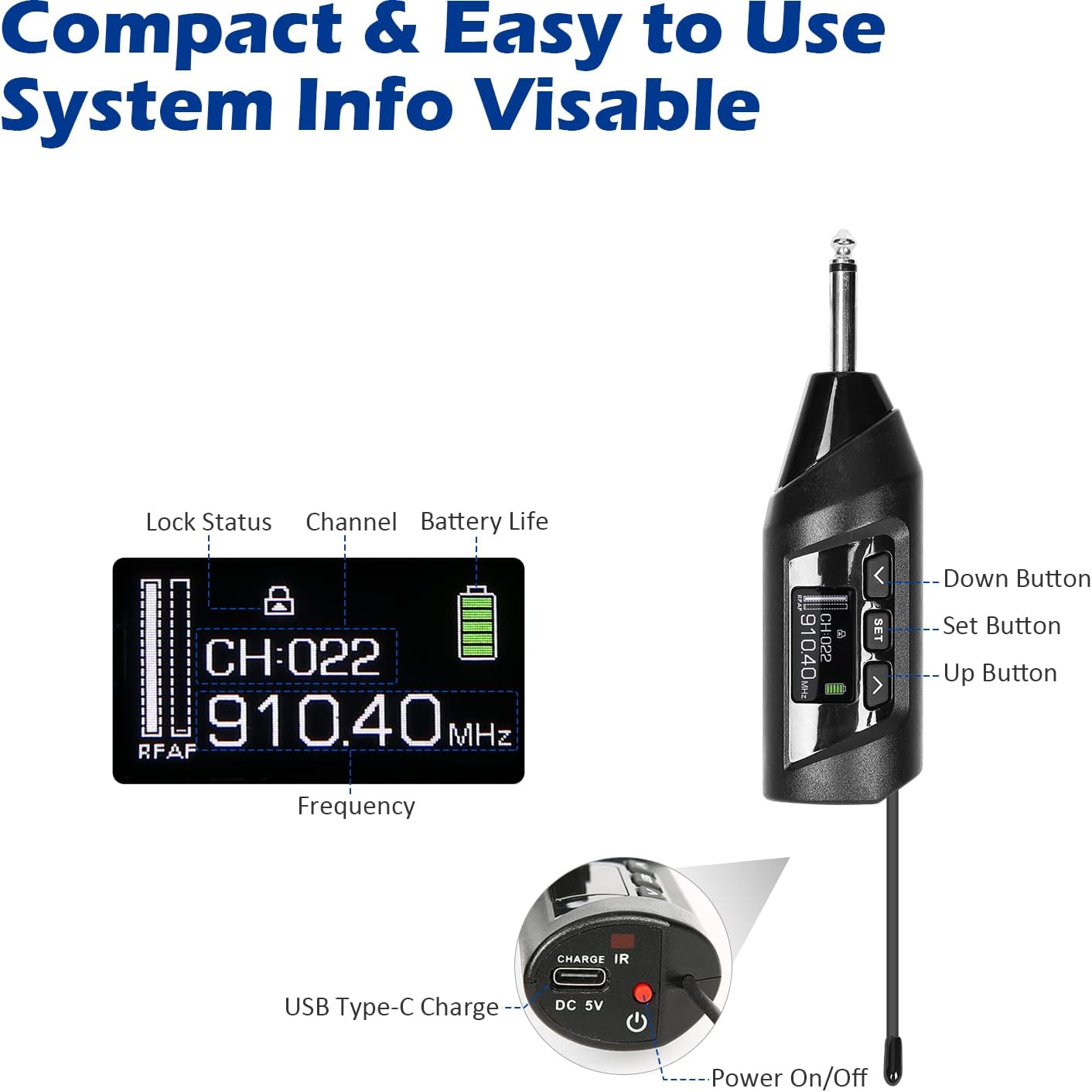 Wireless Saxophone Microphone System, Clip-On Instrument Microphone for Sax and Trumpet, Preset EQ & Echo Level 196 Ft Transmission Rechargeable Compact Transmitter and Receiver 4.5 Hours