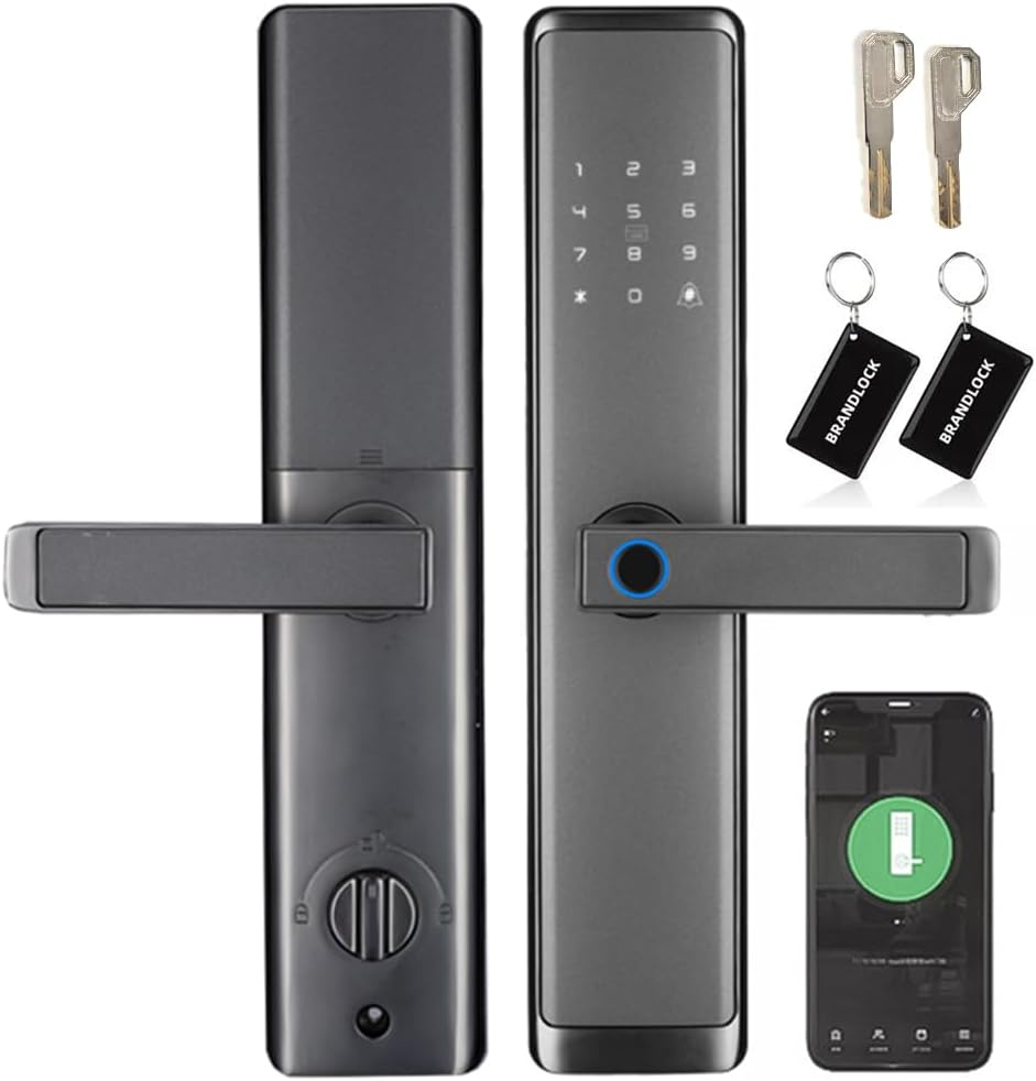 Sophies Keyless Entry Smart Lock with Handle, WiFi Door Lock, Tuya APP Control - Front Door Lock with Keypad and Anti-Peeping Password Grey