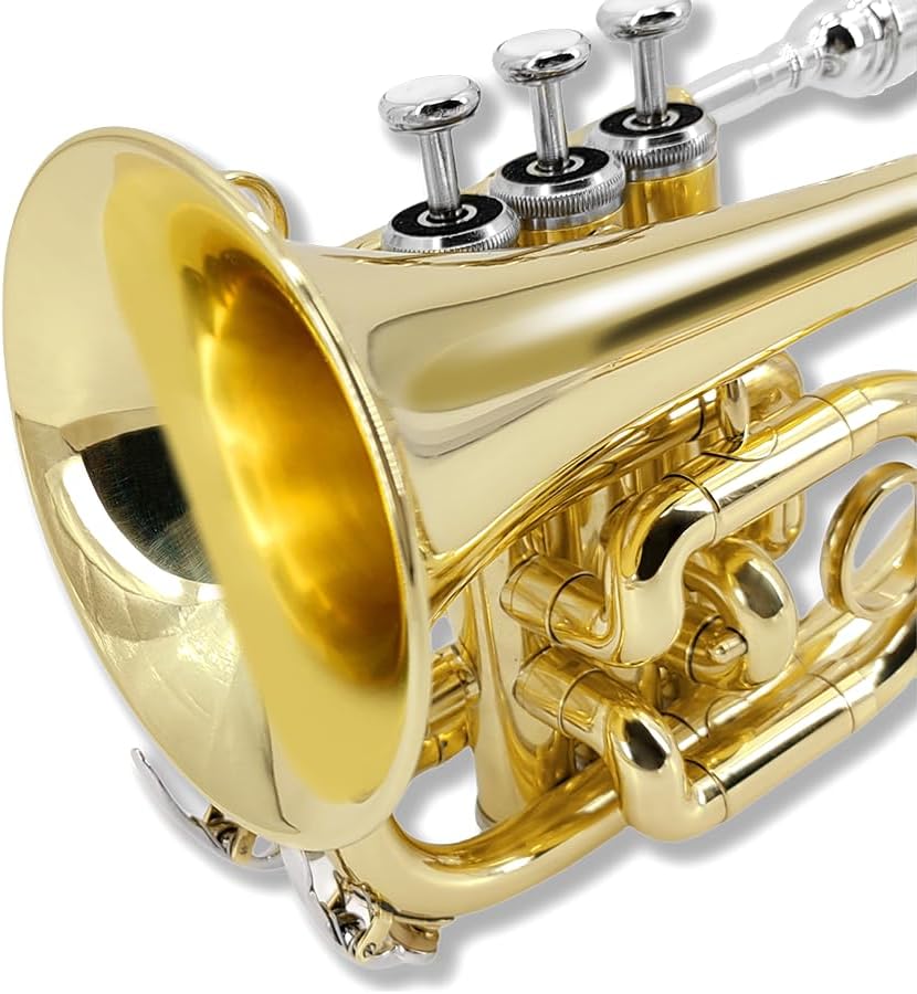 Brass Pocket Trumpet Bb Key Nickel Plated with Mouthpiece 7C, Cleaning Kit, Carrying Case, Gloves for Beginners/Students (Golden)