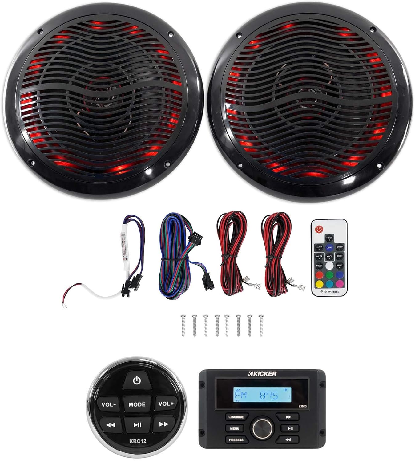 Kicker KMC3 Marine Digital Media Gauge Receiver w/Bluetooth/USB for Boat/ATV/UTV Bundle with Kicker KRC12 Remote Control for Marine Receiver and Rockville RMC65LB Marine Speakers