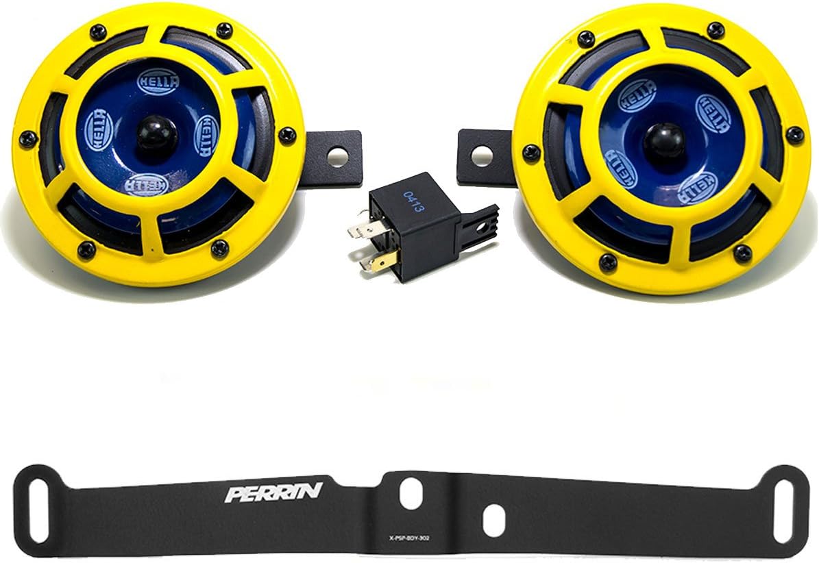 Hella H31000001 114dB 12V Sharptone Panther Dual Horn Kit with Perrin Install Bracket Compatible with 2015 Subaru WRX STI (Yellow)