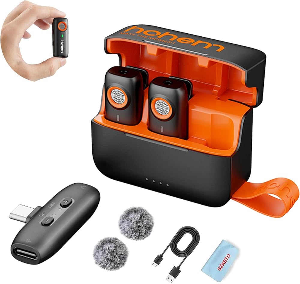 hohem MIC-01 Wireless Lavalier Microphone, 3-Level Noise Cancelling Built-in TF Card Slot Remote Shutter Control Clip On/Magnet Mic for Smartphone Camera Laptop Tablet