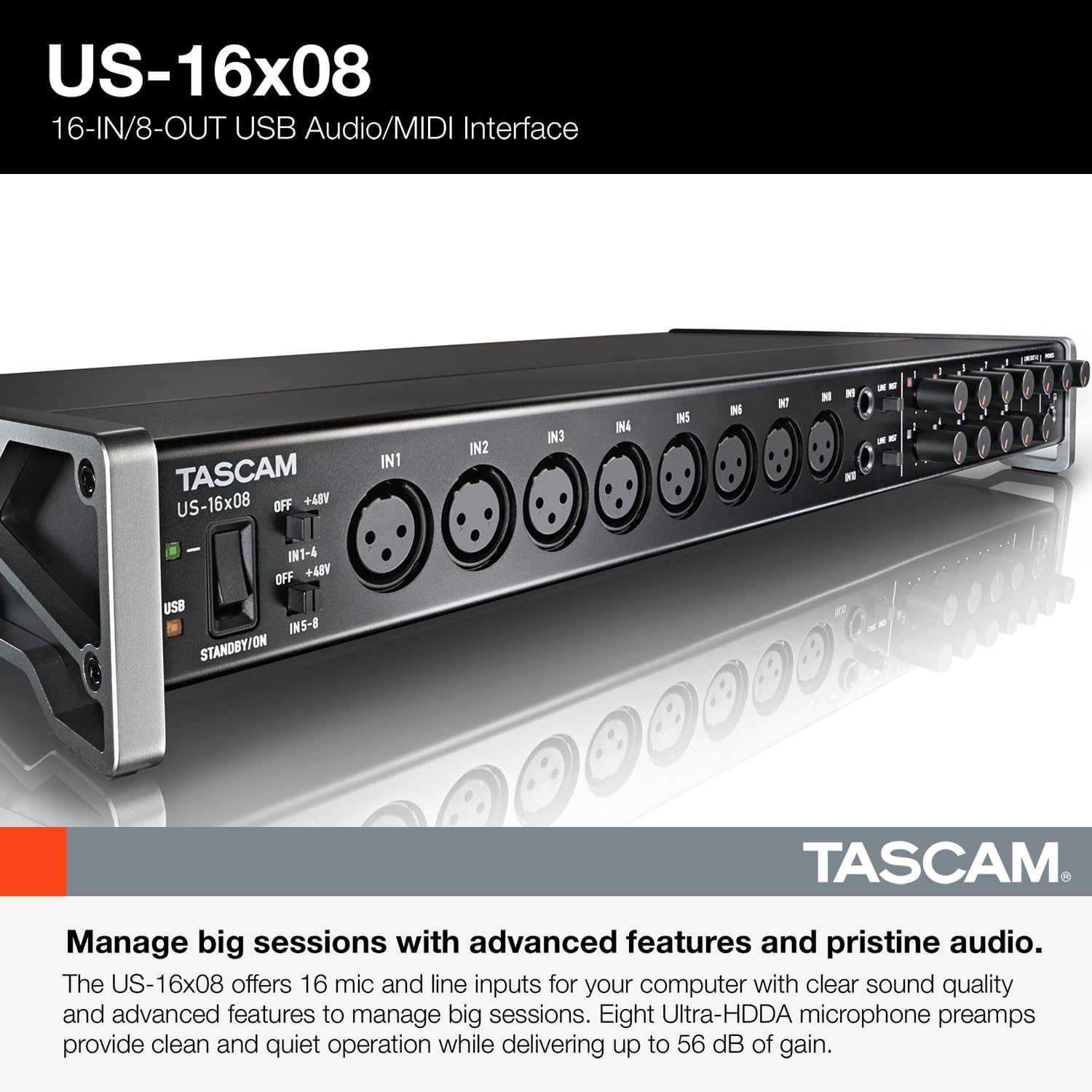 Tascam US-16x08 Rackmount USB Audio/MIDI Interface for Recording, Drum Recording, 8 XLR/8 1/4