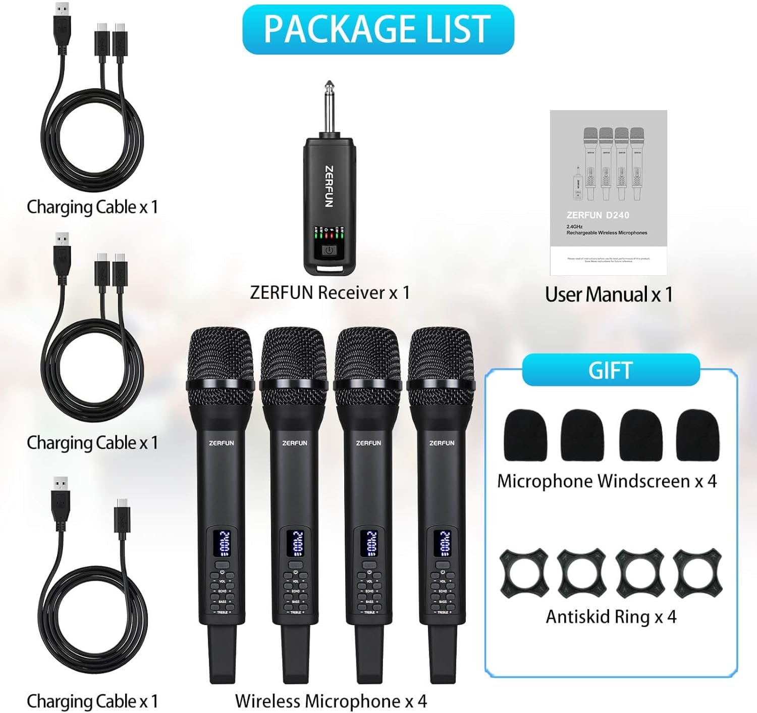 4 Rechargeable Wireless Microphones, Pro Handheld Cordless Mics System with Echo Treble BASS VOL Control for Karaoke Singing Church Party, 1/4'' Output, Black