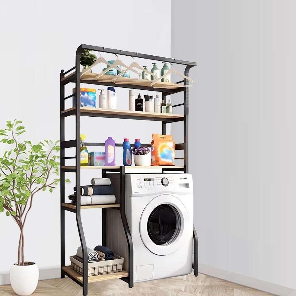 5 Tier Drum Washing Machine Storage Rack with Hanger Rail Multi Functional Over The Washer and Dryer Shelf Metal Frames for Laundry Room Storage