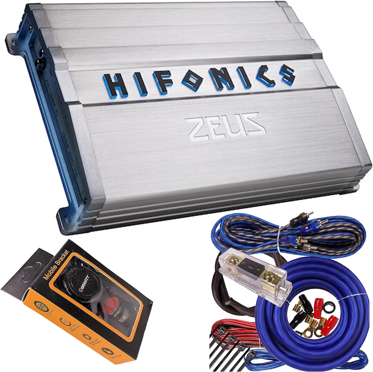 Hifonics ZG-1200.1D Zeus Gamma 1 Channel Super D Class 1200 Watt Car Audio Sound System Subwoofer Speaker Amp Amplifier with Gravity Magnet Phone Holder and 4 Gauge Kit Blue Bundle