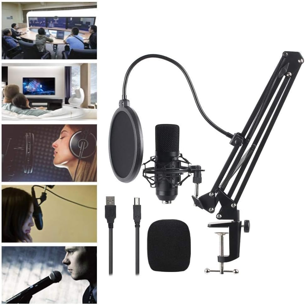 JEOZBM BM700 USB Condenser Microphone for Computer, Hi‑Fi Cardioid Microphone Kit with Windproof Cover Bracket for Gaming Live Podcast