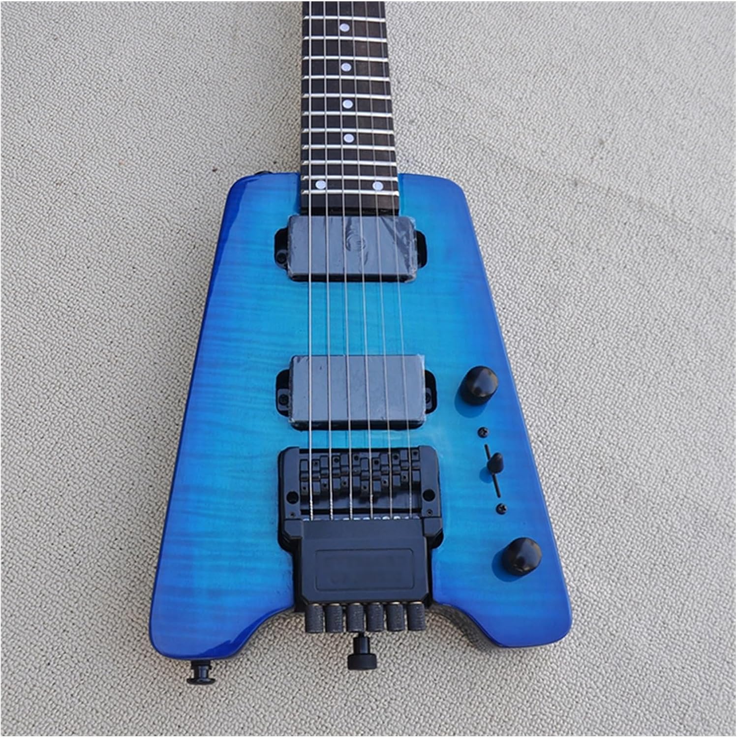 Headless Electric Guitar Blue Portable Travel Flame Maple Veneer Headless Electric Guitar with Rosewood Fretboard 24 Frets