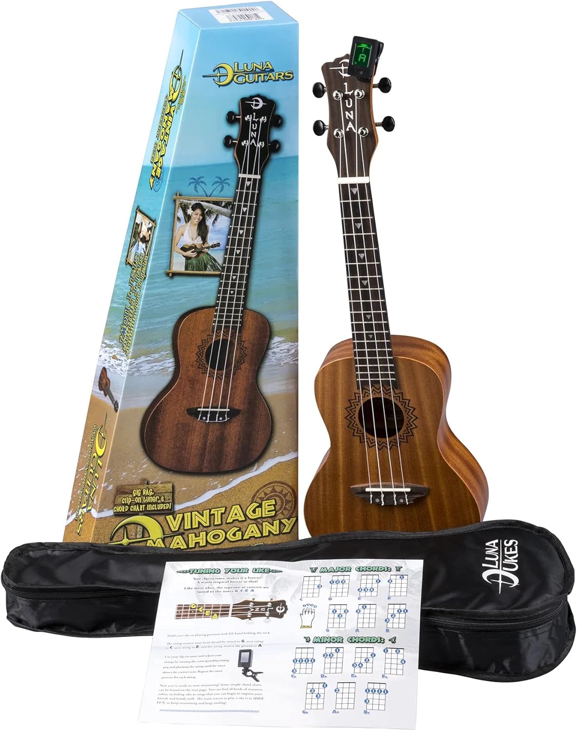 Luna Vintage Mahogany Concert Ukulele Pack with Tuner and Bag