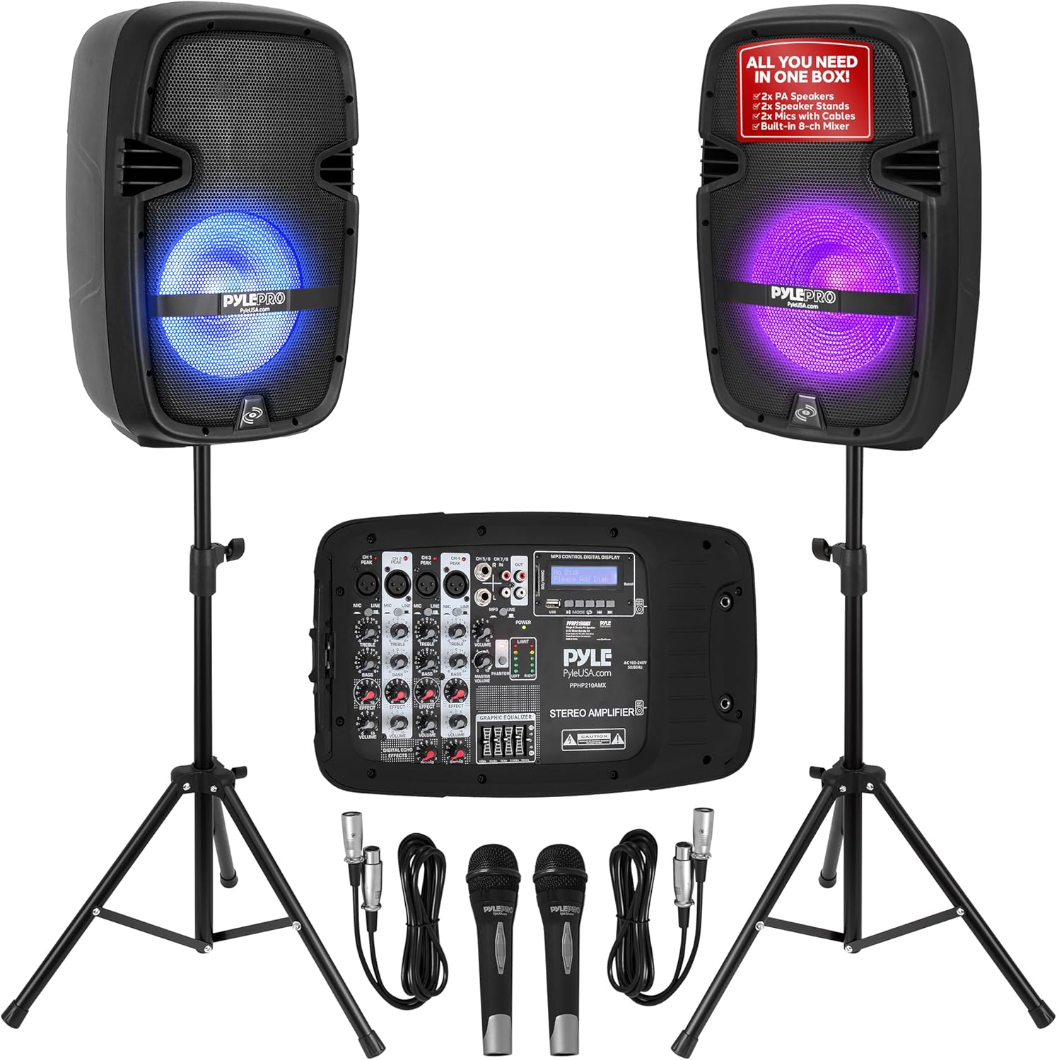 Pyle PA Speaker DJ Mixer Bundle - Portable Wireless Bluetooth Sound System w/ USB SD XLR 1/4