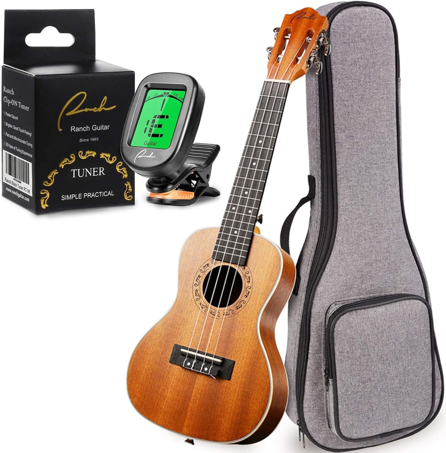 Ranch Concert Ukulele 23 inch Classical ukelele with 12 Online Lessons Beginner Ukalalee Pack Bundle Ukele Gig bag- Clip On Tuner for Acoustic Electric Guitar Ukulele Violin Bass Banjo-Classical Black