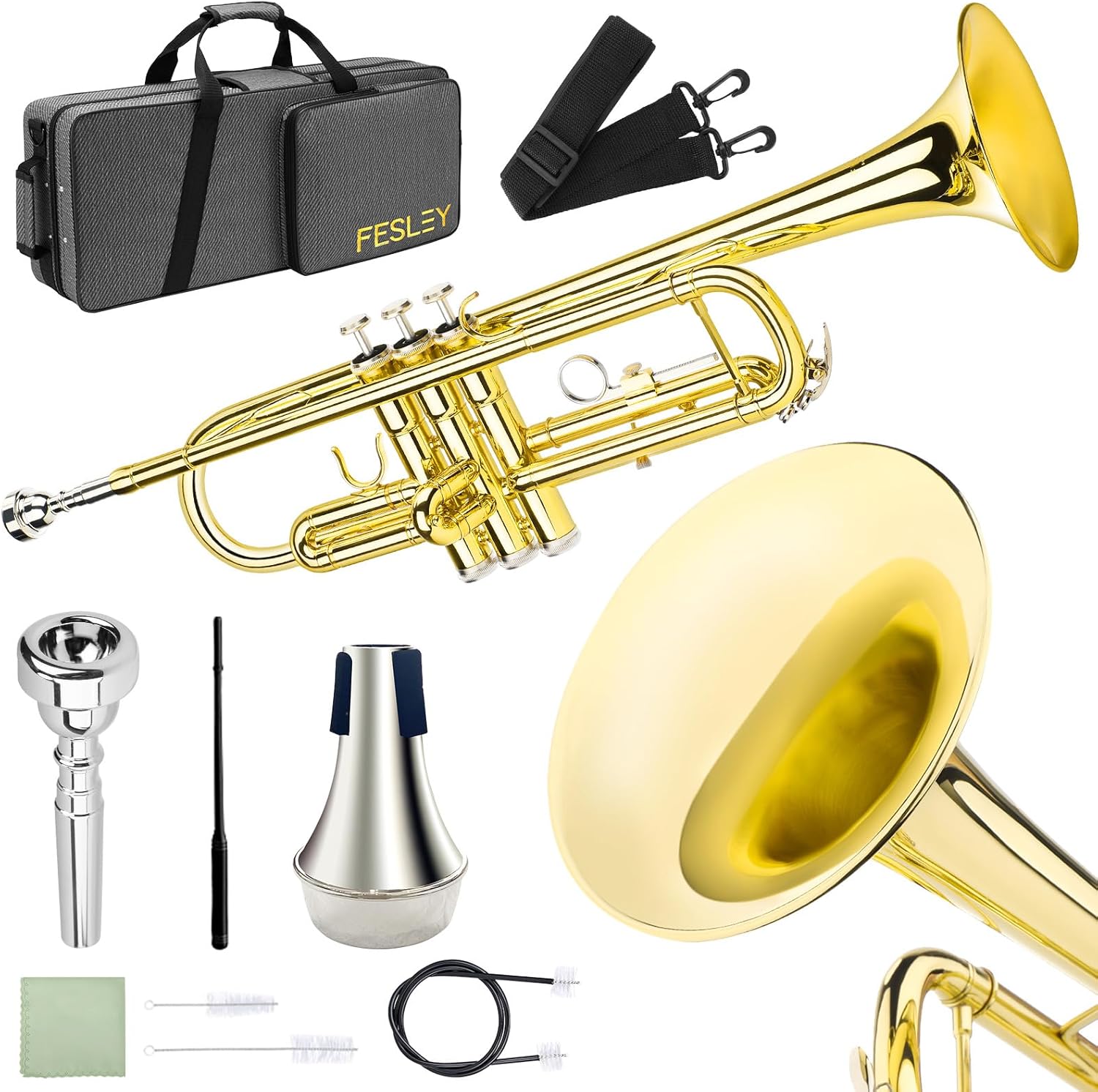 Fesley Bb Standard Trumpet Set: Brass Trumpets for Beginner Student, Brass Trumpet Instrument with 7C Mouthpiece, Hard Case, Cleaning Kit (Golden)