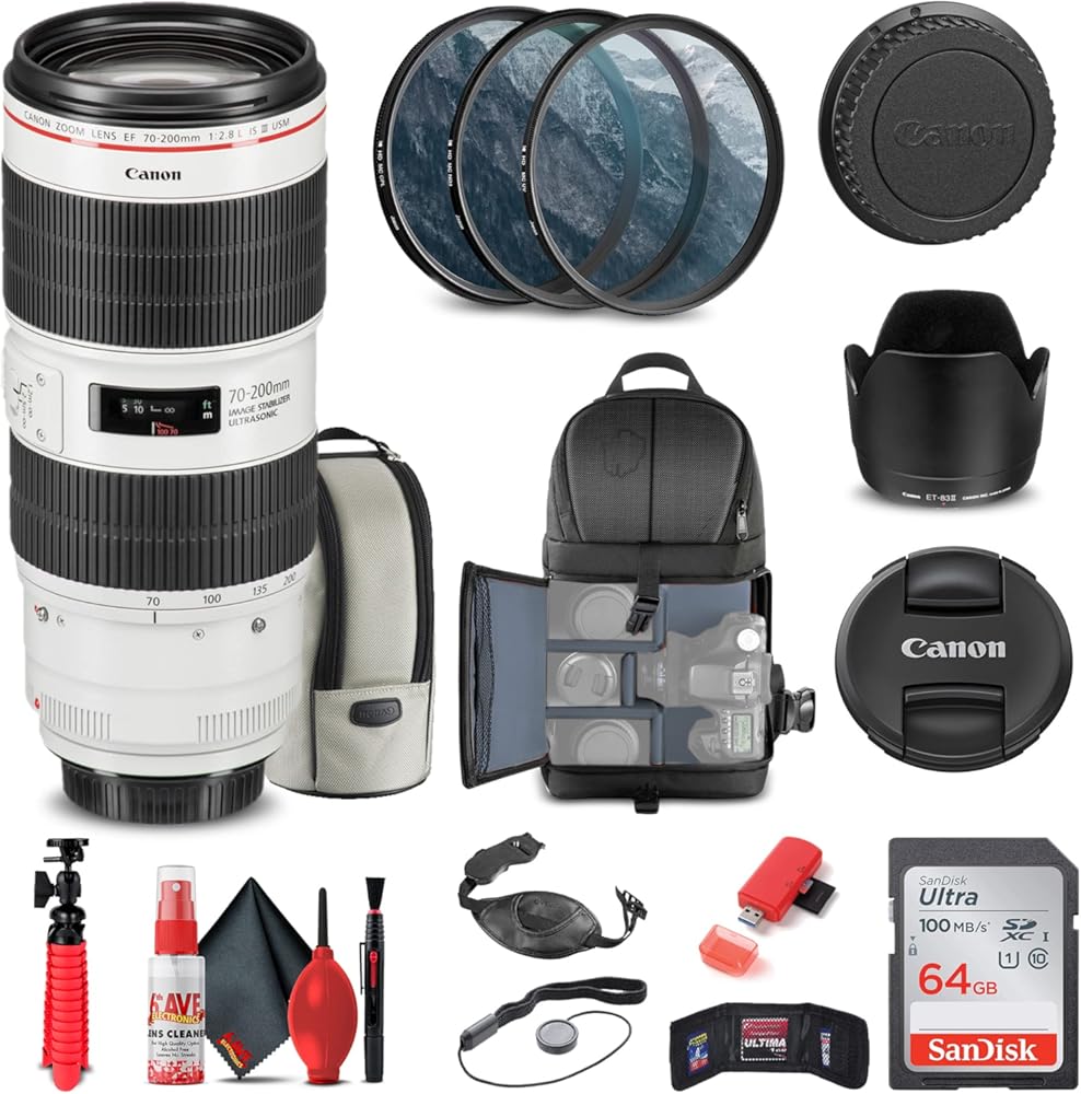 Canon EF 70-200mm f/2.8L is III USM Lens (3044C002) + Filter Kit + Backpack + 64GB Card + Card Reader + Flex Tripod + Memory Wallet + Cap Keeper + Cleaning Kit + Hand Strap + More (Renewed)
