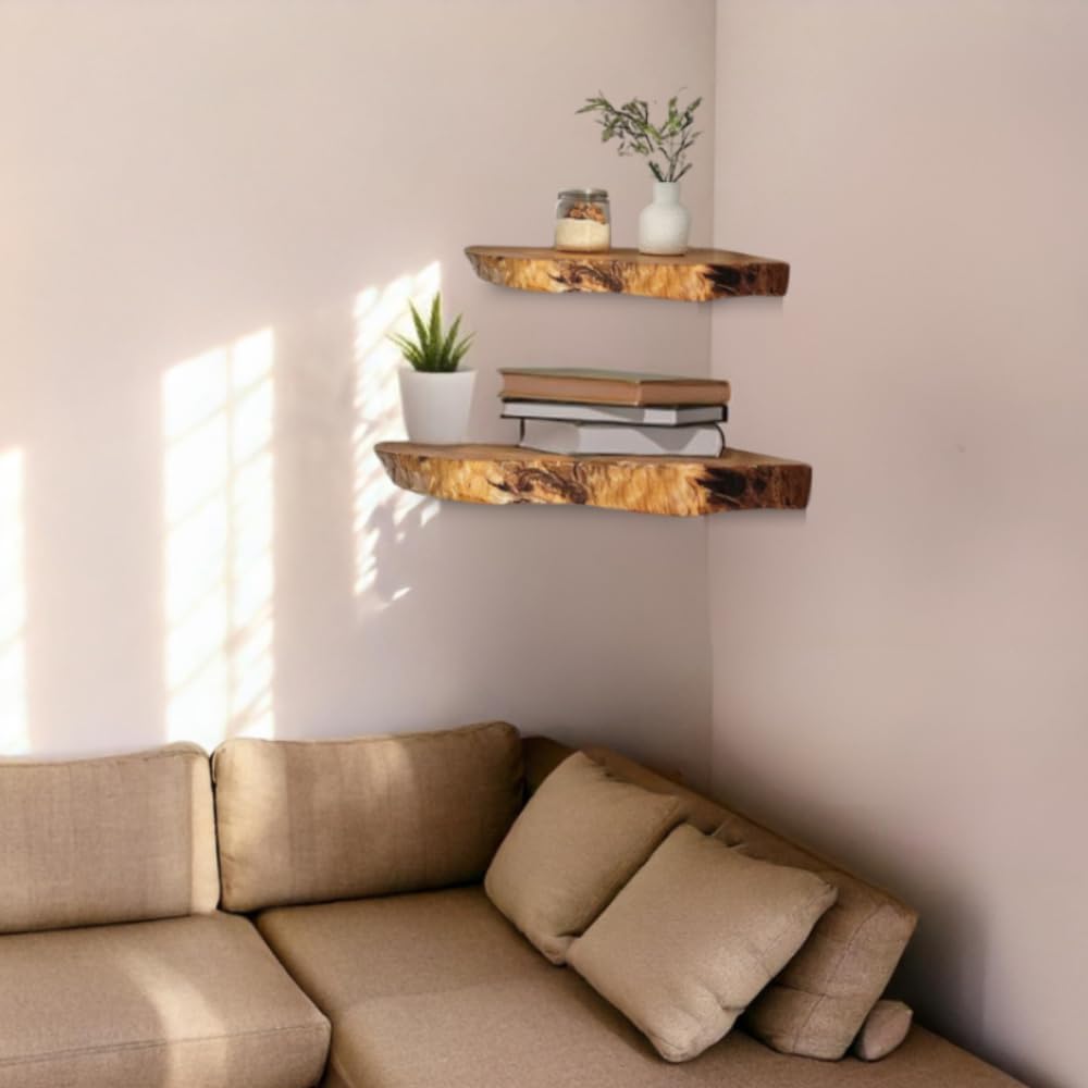 Brill Live Edge Wood Corner Shelf Wall Mount, Set of 2 Solid Acacia Wood, Corner Shelves with Brackets, Smooth- Durable - Attractive Shelves for Bedroom Living Room Bathroom Kitchen