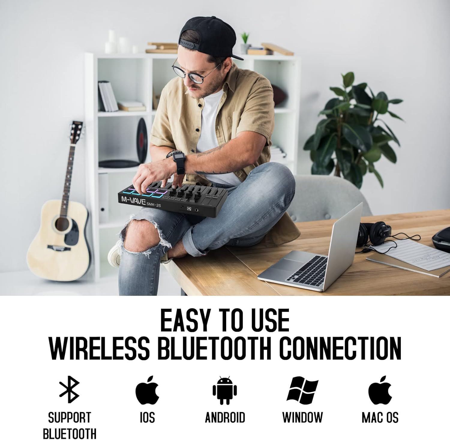 M-VAVE 25 Key USB MIDI Keyboard Controller With 8 Backlit Drum Pads, Bluetooth Semi Weighted Professional dynamic keybed 8 Knobs and Music Production,Software Included (Black)