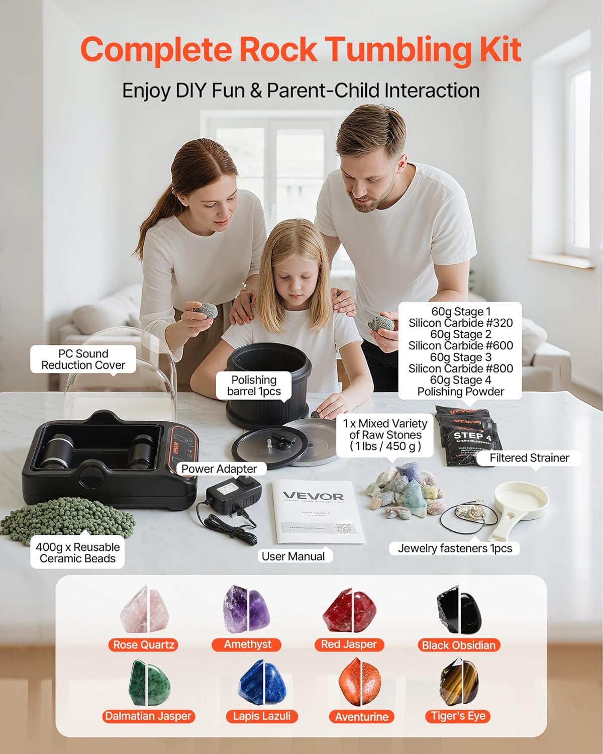 VEVOR Rock Tumbler, 3 lb Rock Polishing Machine, Rocks Tumbling Kit with 4-Speed Adjustment, 1–9 Day Timer, PC Sound Reduction Cover & TPU Drum, Direct Drive Motor Rocks Polishing, Quiet Operation