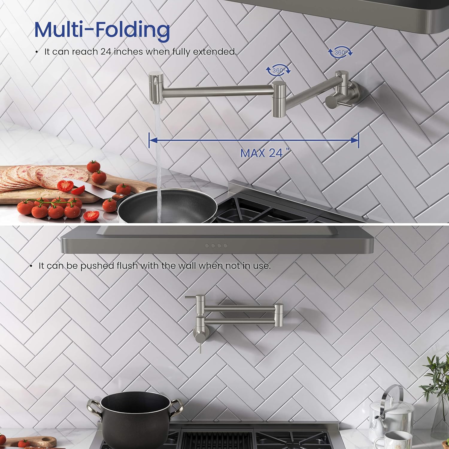 KIBI Brushed Nickel Finish Circular Pot Filler Faucet | Wall Mount Kitchen Faucet | Solid Brass, 360 Degree Swivel, Single Handle, Hot and Cold Water | Kitchen and Bar Use | (KPF601)