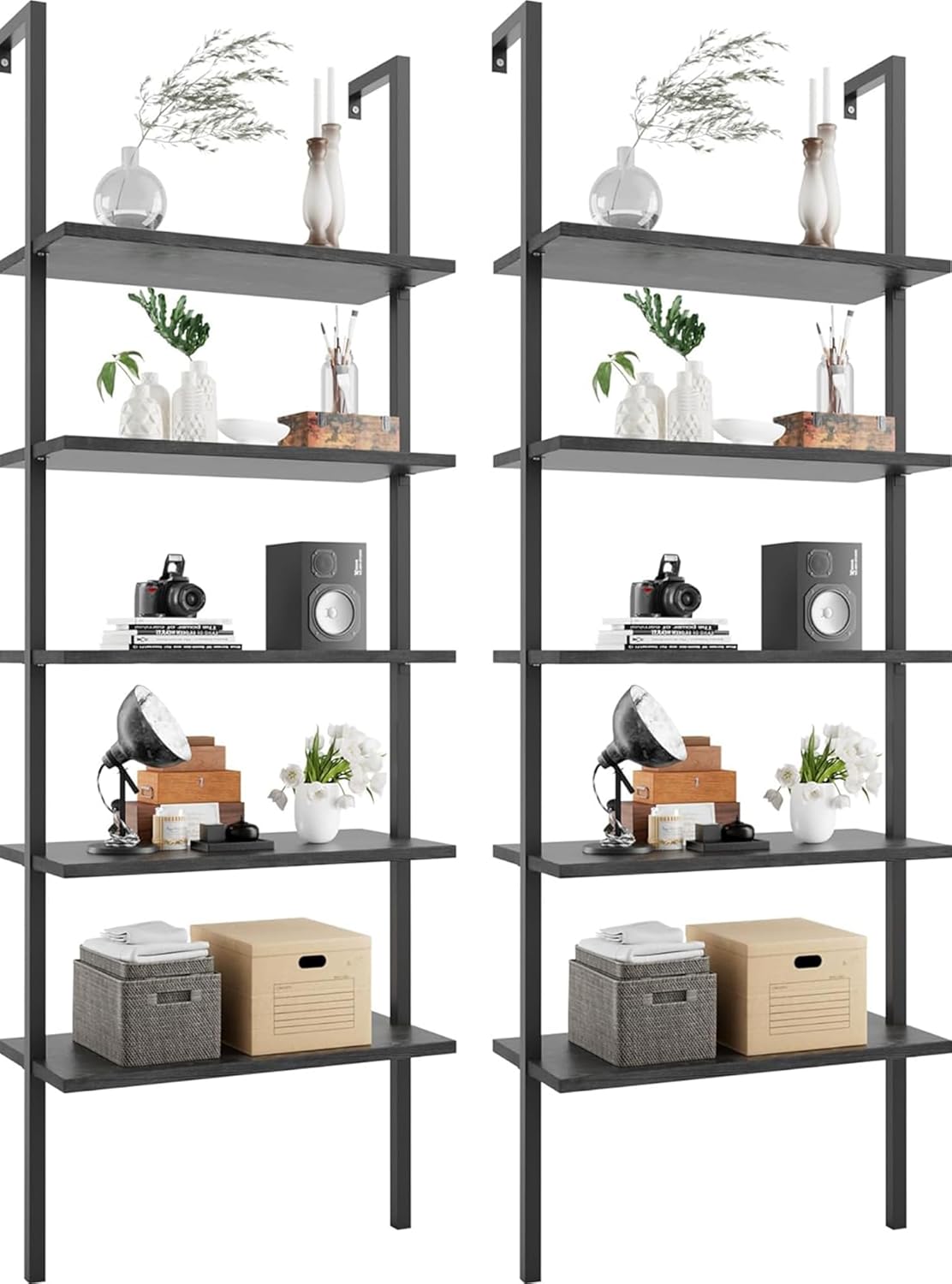 Flamaker 5-Tier Bookshelf Wall Mount Ladder Bookcase Industrial Standing Corner Bookshelf with Wood Board and Metal Frame, Modern Tall Narrow Storage Organizer for Home Office (Black, 2 Piece)