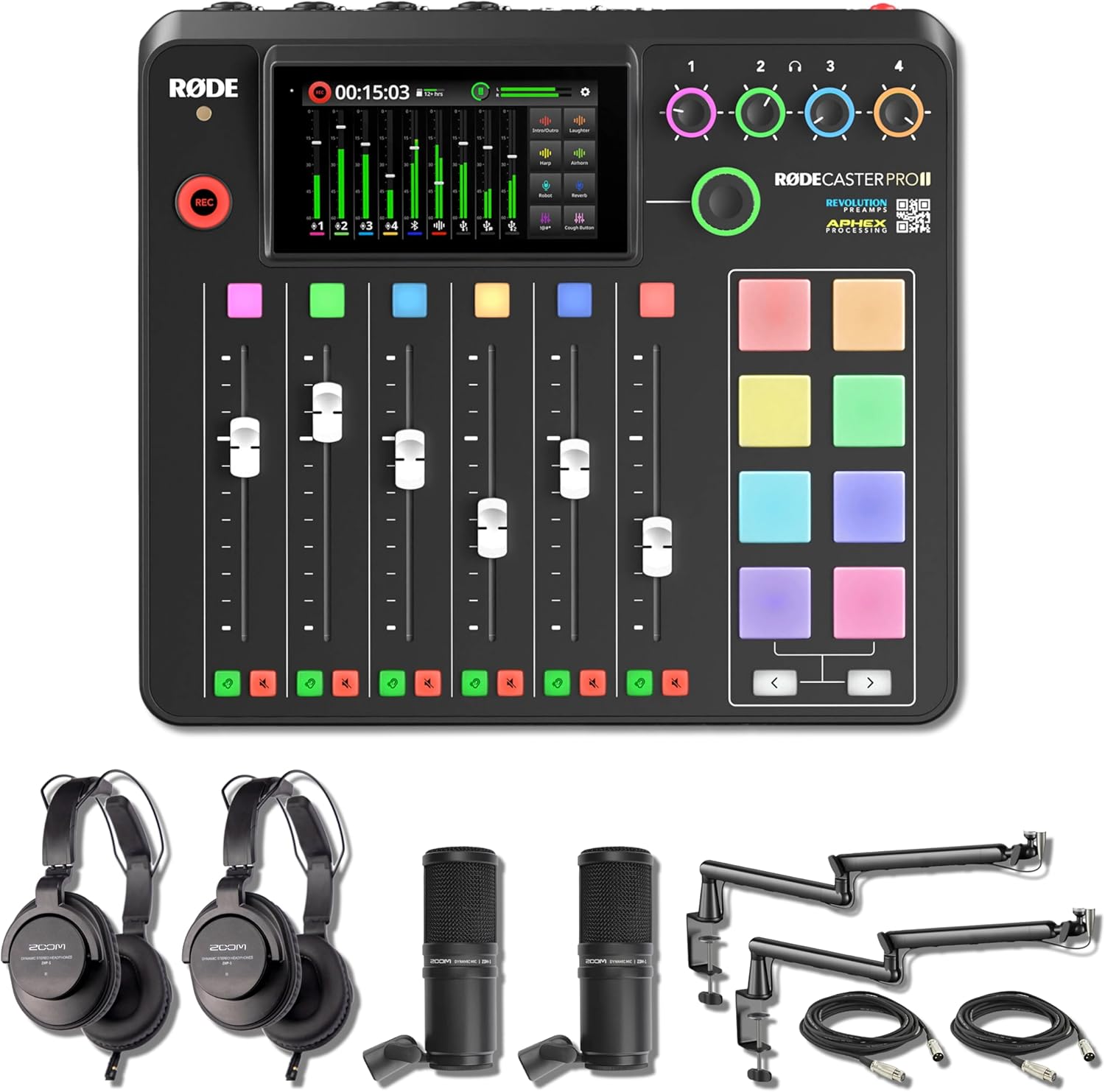 Rode RODECaster Pro 2 Podcast Production Console with 2x Zoom ZDM-1 Podcast Microphone Packs and 2x StreamEye LowPro Low Profile Mic Arms