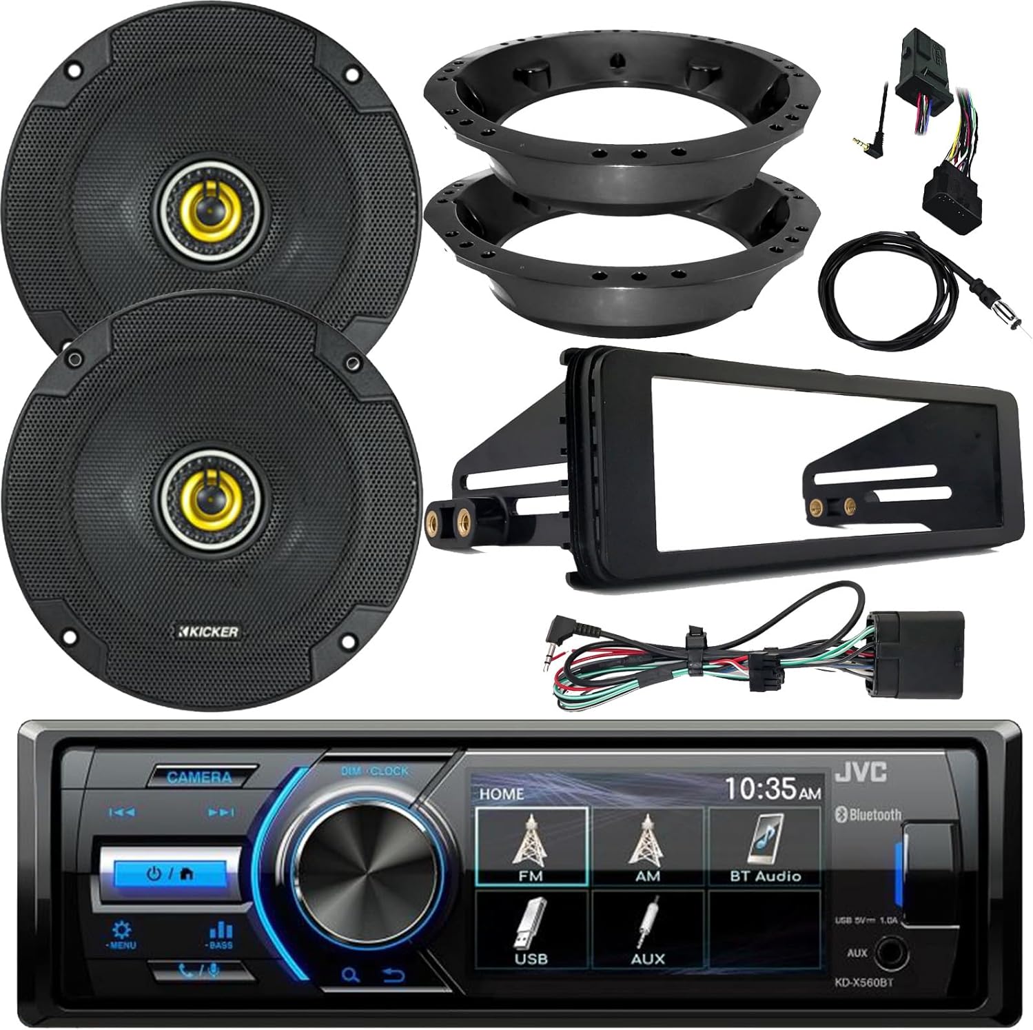 for 98-2013 Harley Marine Motorcycle ATV Bike Radio Receiver with Dash Kit, Enrock Antenna with 2X Kicker 6.5