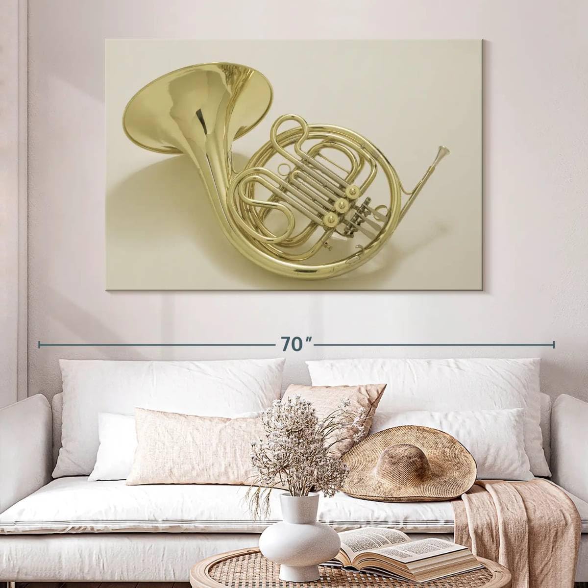 ElephantStock - French Horn Instrument Wall Art - Horizontal Canvas Wall Art - Living Room Wall Decor - Photography Music Canvas Art - Gray And Gold Decor - 51
