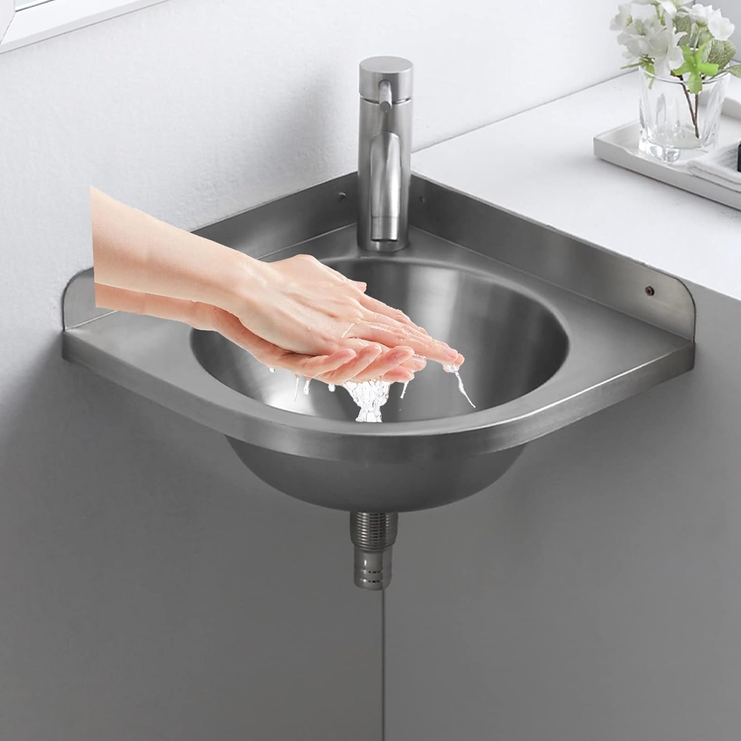 Small Wall Mount Kitchen Sink,Corner Stainless Steel Bathroom Corner Basin Station Sinks, Mini Vanity Hand Wash Bar Sink Single Bowl Sink for Kitchen RV Caravan Camper Boat