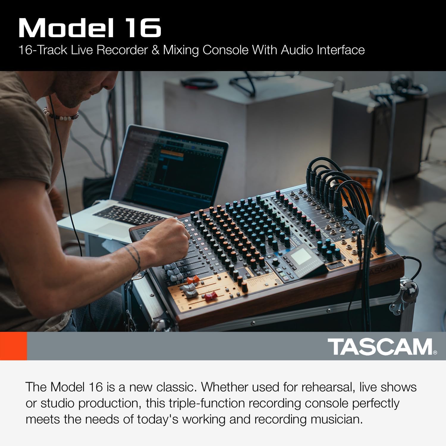 Tascam Model 16 All-In-One 16-track Mixing and Recording Studio, Analog Mixer, Digital Recorder, USB Audio Interface