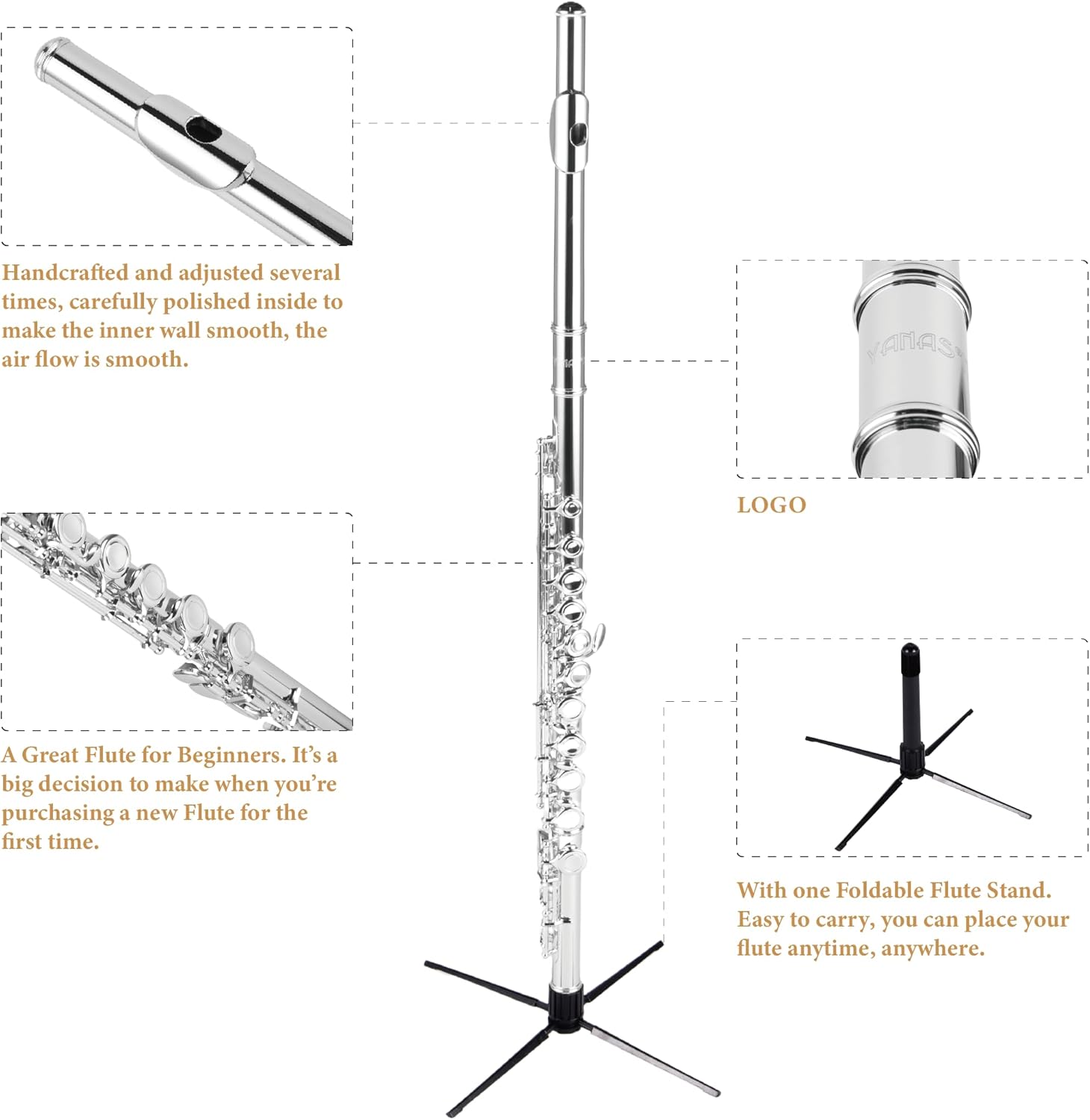 YANASON C Flute Closed Hole 16 Keys Flute Nickel-Plated for Beginner, Kids, Student with Carrying case, Metal stand, Gloves, Tuning Rod, Cleaning kit