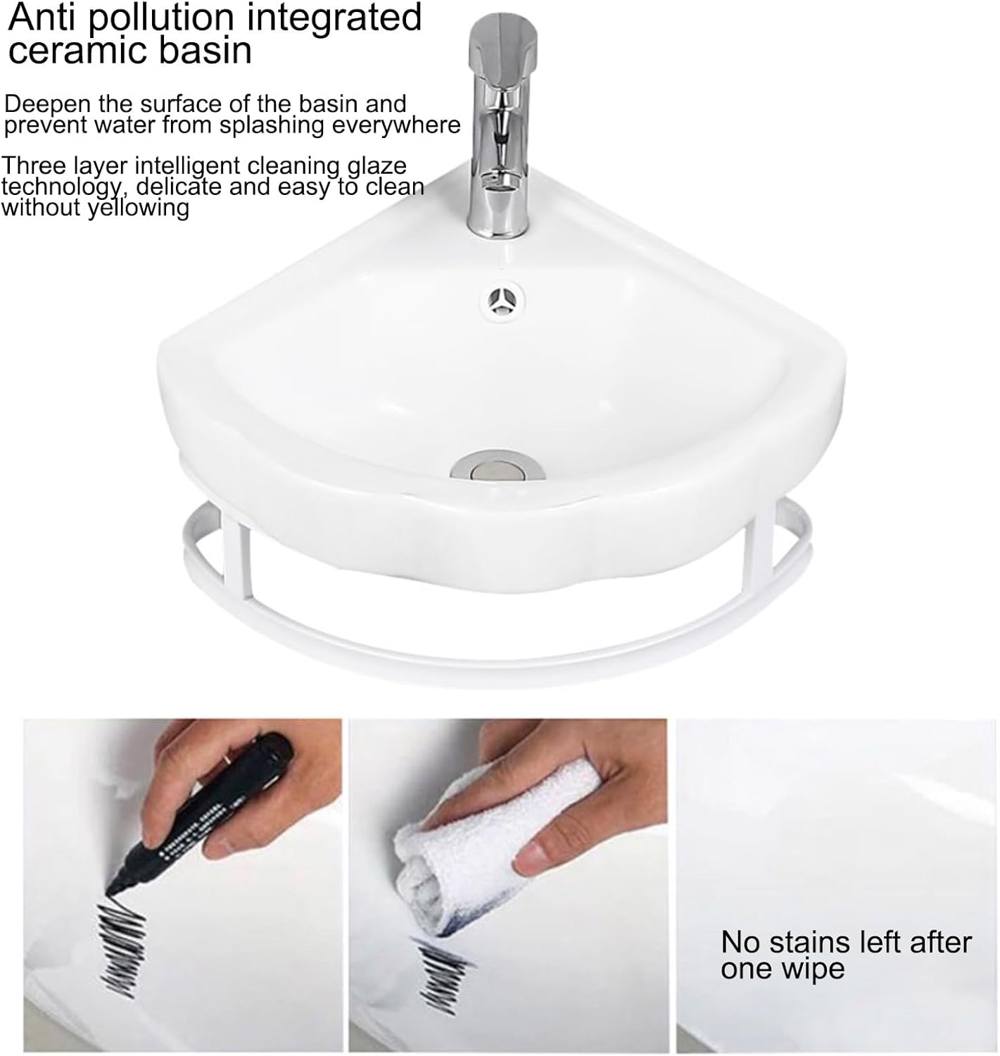 Wall Mount Corner Bathroom Sink, for Small Spaces, Ceramic Basin with Faucet Hole and Overflow, Mini Vanity Vessel Sink, Easy to Maintain and Install (White 32CM)