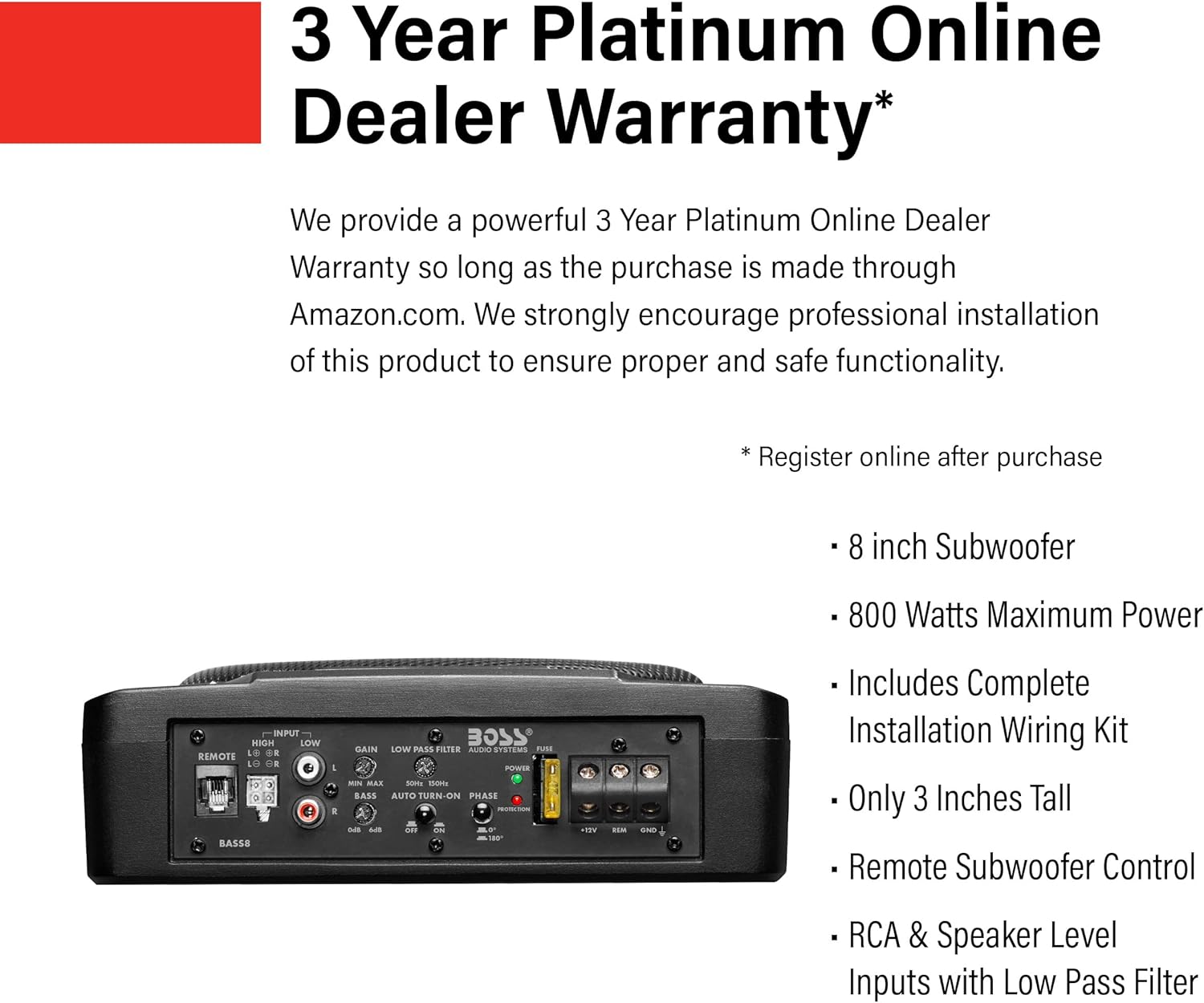 BOSS Audio Systems BASS8K 8 Inch Powered Car Subwoofer and Amplifier Wiring Kit Package - 800 Watts Max Power, Under Seat, Low Profile, 8 Gauge Wiring Kit, for Truck Boxes and Enclosures