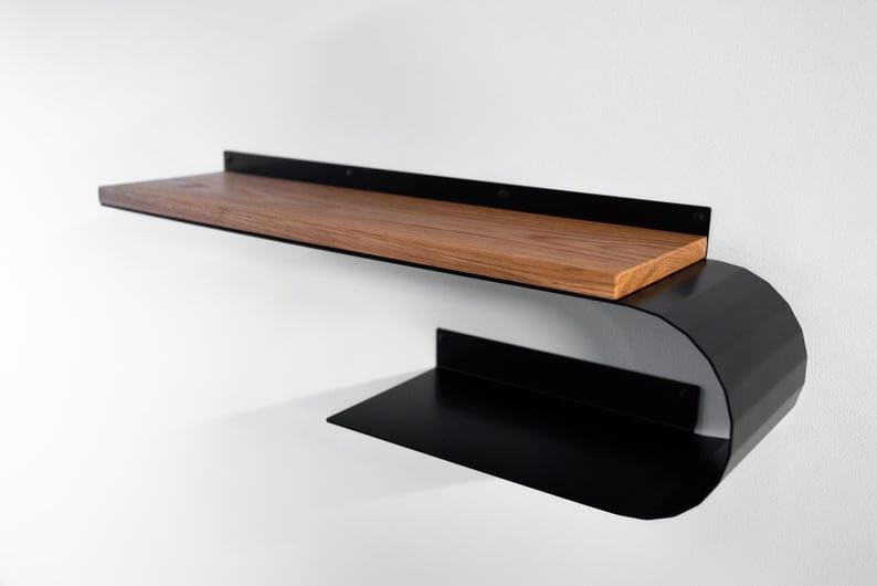 Wall Mount Handmade Wall Shelf from Oak and Metal, Wooden Shelf with Metal Rail for Home Storage and Organization, Wandregal Eiche Metall