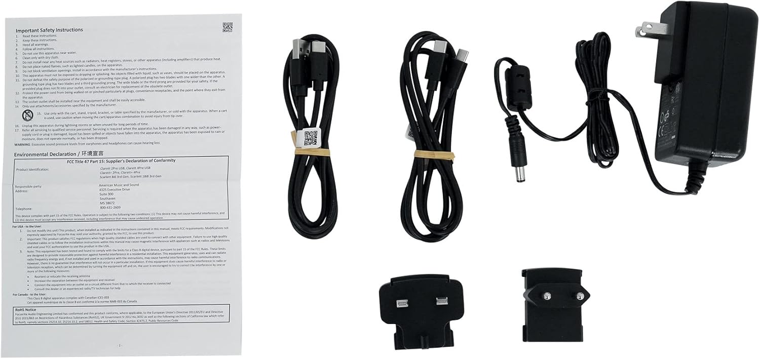 Audiosavings Bundle: Focusrite Clarett+ 2Pre USB-C Audio Recording Interface, 2 Mic Preamps/JFET/ADAT Bundle with Rockville PRO-M50 SR Studio Headphones+Detachable Coil Cable+Case+Ear Pad (2 Items)