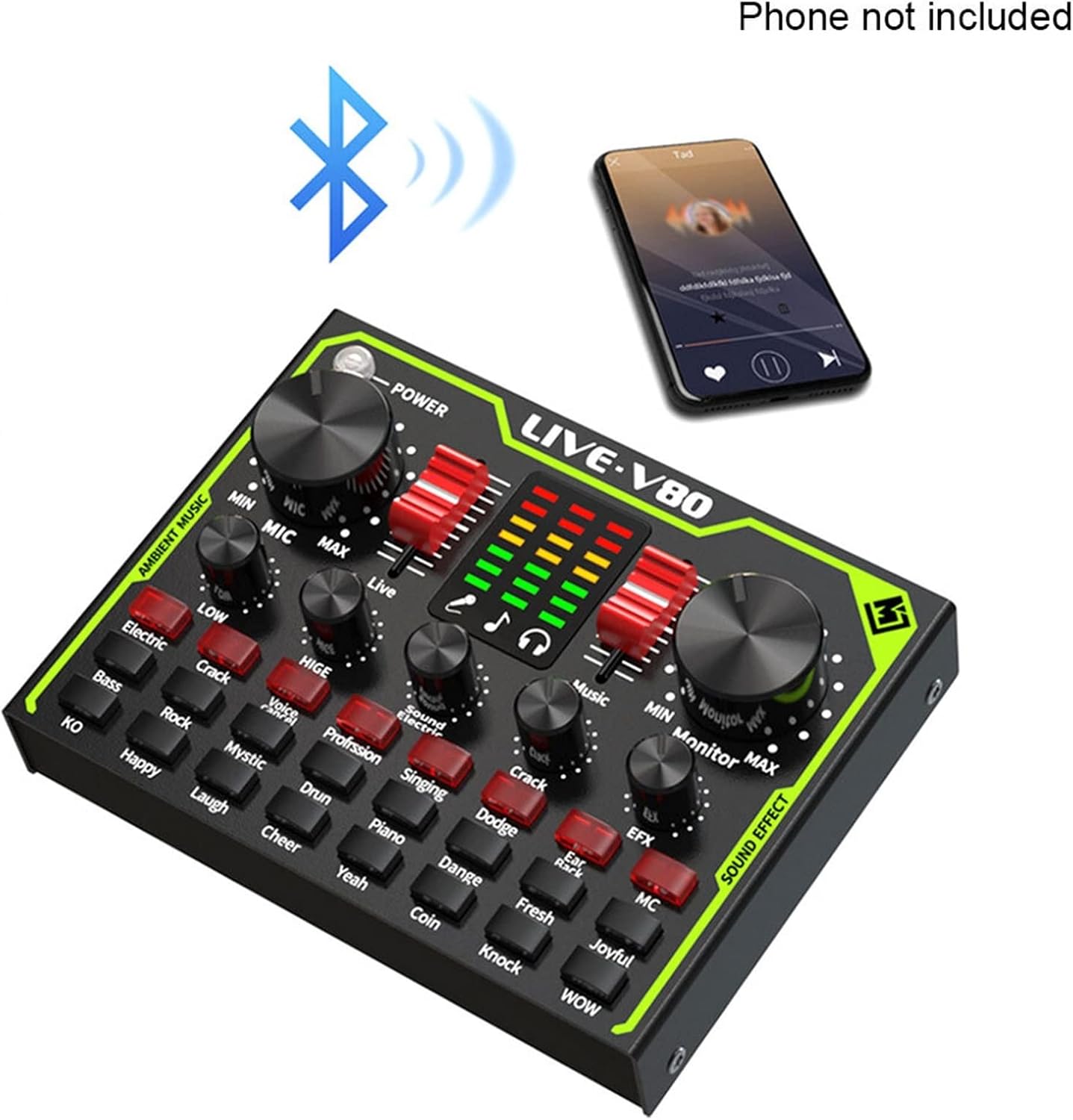 Professional Audio Mixer, Music Recording Audio Gaming Voice Changer Real Time Live Sound Card Multiple Effects Mixer Board with LED Light Chorus Mode