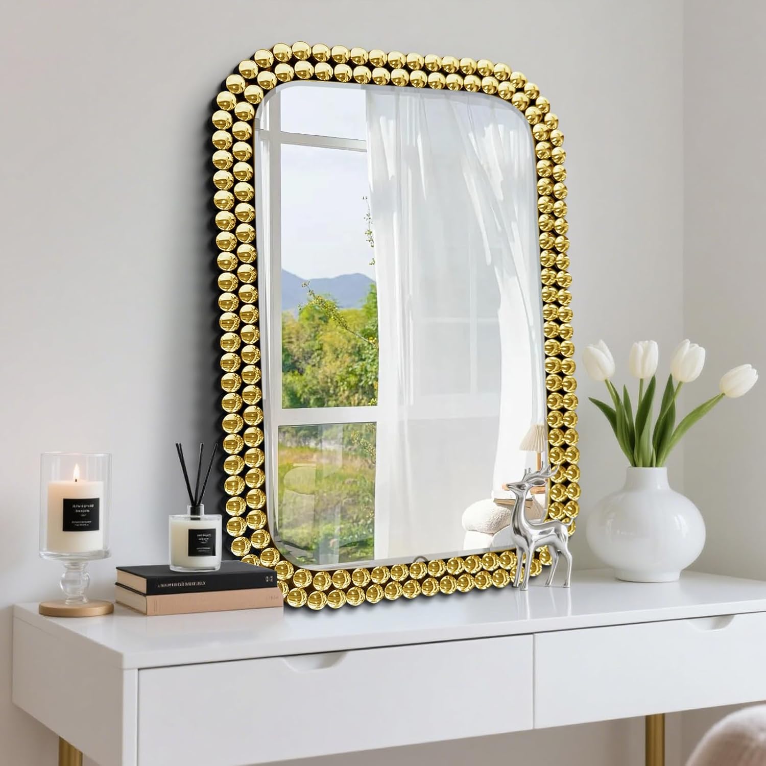 Wall Mount Bathroom Mirror Beaded Framed Baroque Decorative Vanity Mirror Rounded Corner Rectangle Mirror for Wall,Over Sink，Bedroom