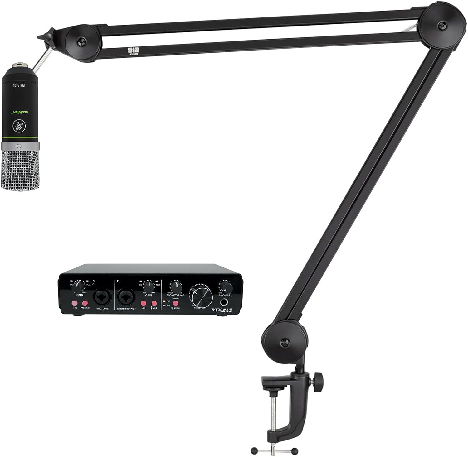 Audiosavings Bundle: Rockville R-TRACK Computer Recording Interface w/2 Mic-Pres Bundle with Mackie EM-91CU USB Podcast Microphone, Adjustable Microphone Boom Arm Mic Stand (3 Items)