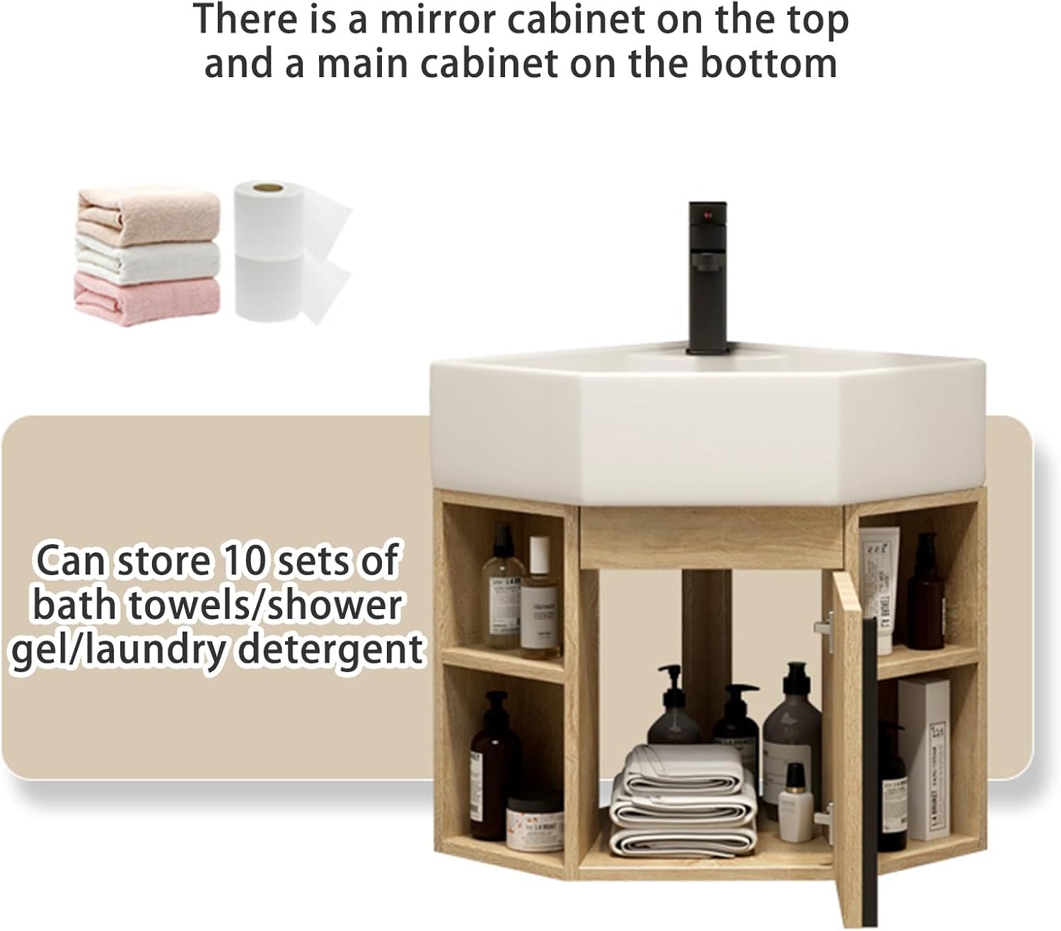 Small Corner Wall Mount Bathroom Sink Bathroom Vanity Cabinet bathroom sink with White Vessel Cabinet with Faucet and Drain bathroom Sinks with Storage Container with Overflow(40*40*52cm/15.7*15.7*20.