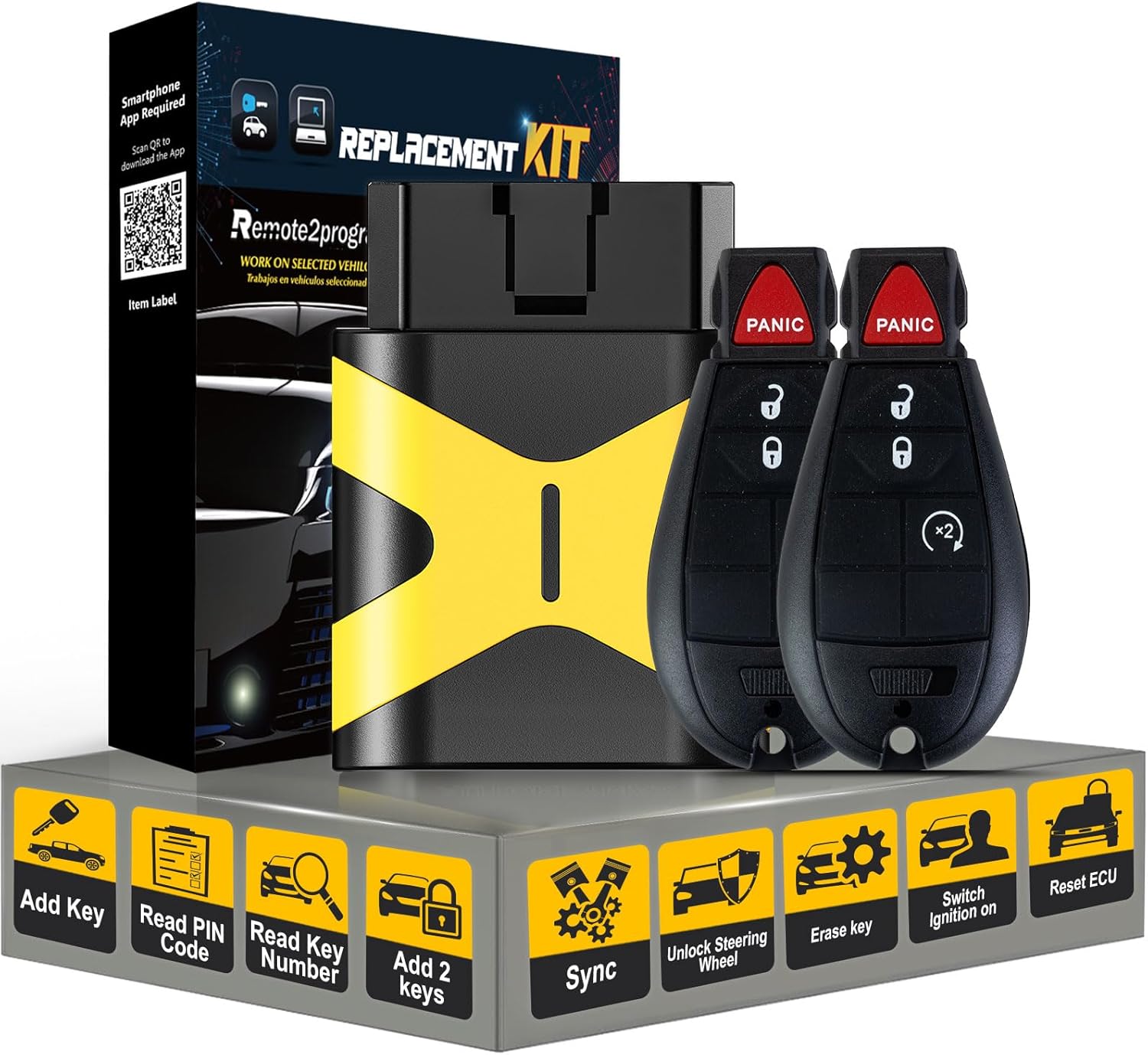 Self Programmable Car Key Fob DIY Kit/Add 2 Keys and Keyless Entry Remote Replacement for Dodge with FCC: GQ4-53T (4 Buttons)