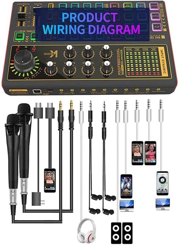Sound Mixer Board, LED Light Voice Changer Sound Card with 20 Sound Effects, Audio Mixer for Music Recording Live Broadcast on Cell Phone Computer