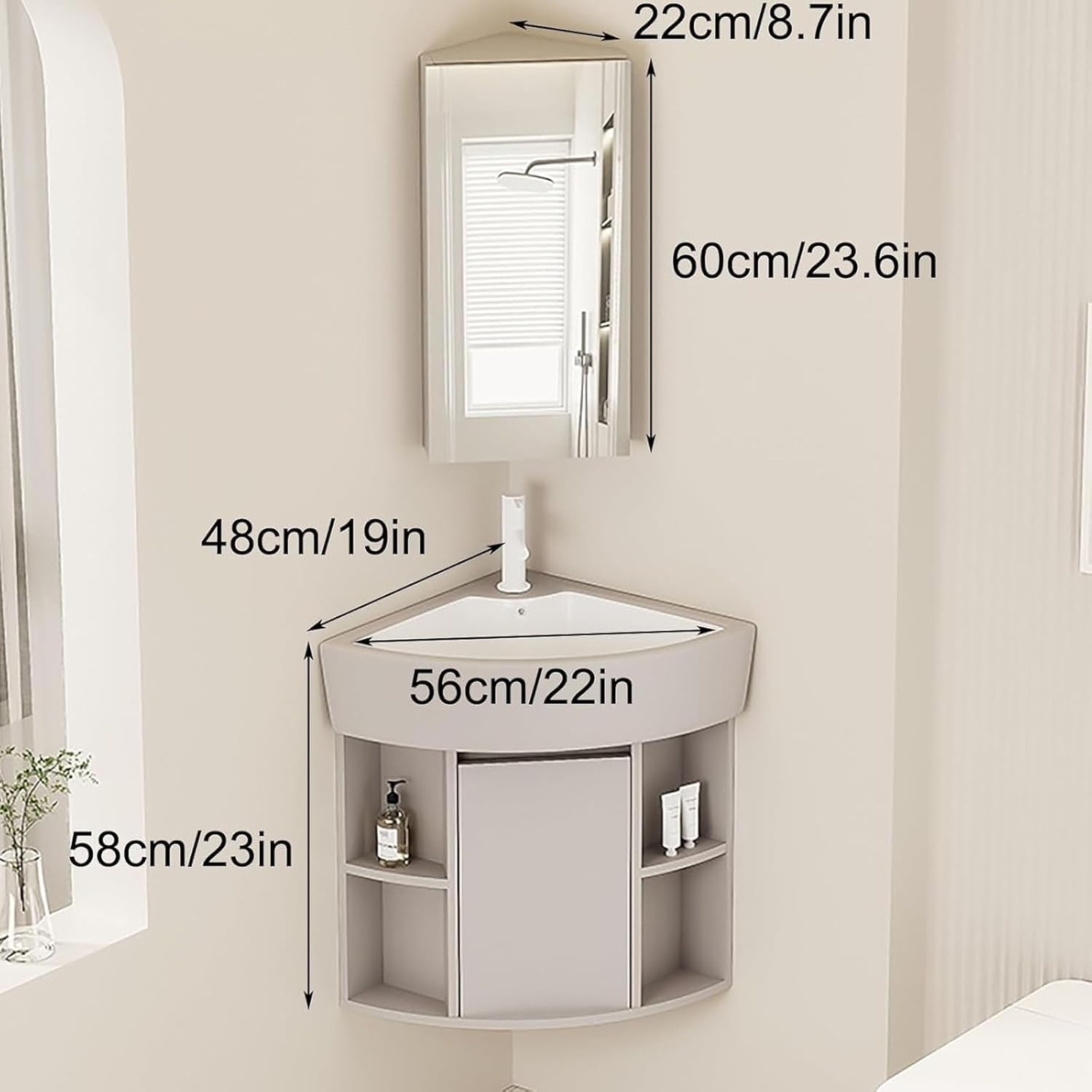 Wall Mount Corner Bathroom Sink,Corner Balcony Sink With Storage,Container Triangle Ceramic Wall Mount Sink with Storage Space, Corner Vanity for Small Space(19in/48cm)