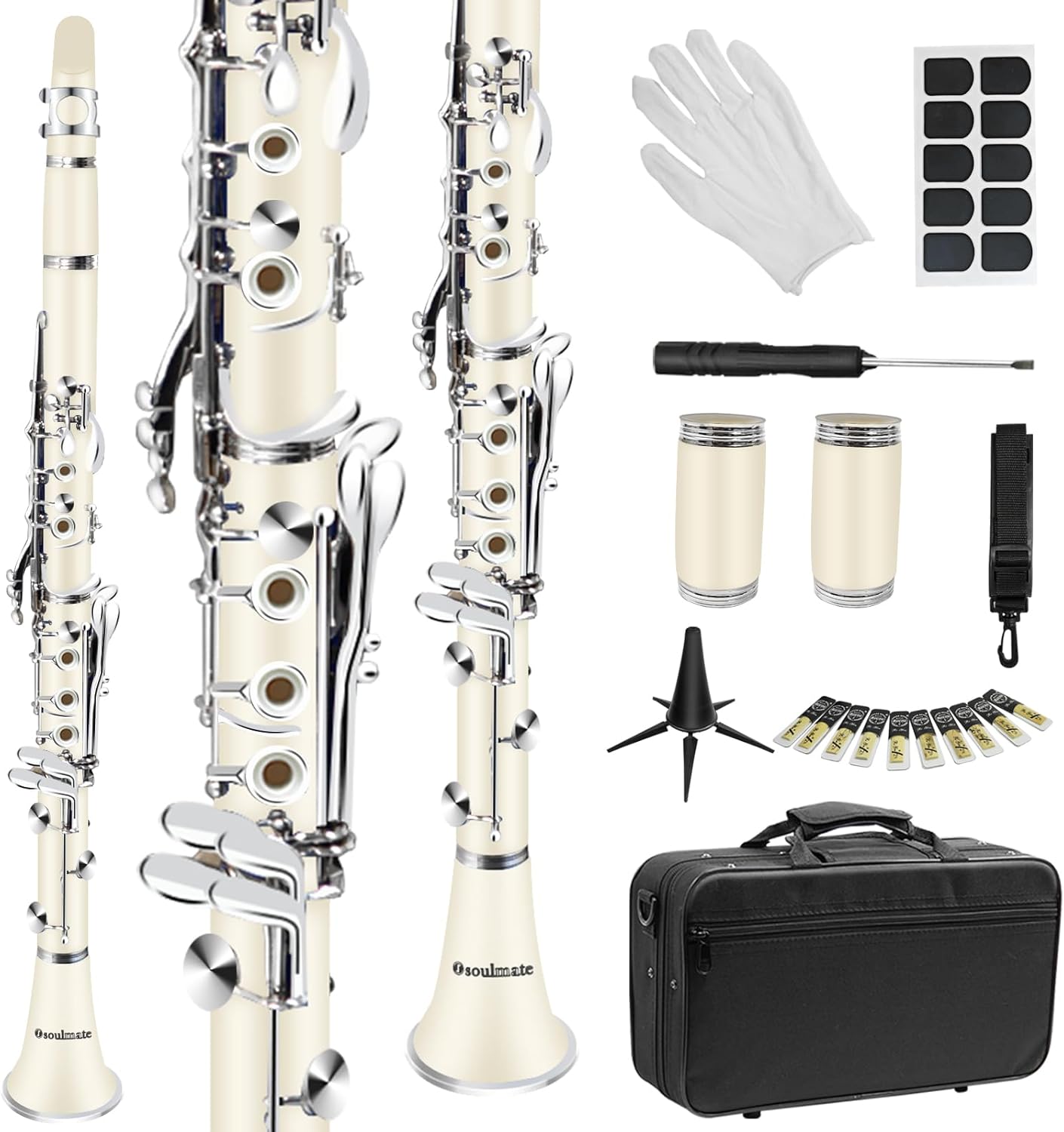 Soulmate Clarinet for Beginner Student Adults 17 Nickel-plated Keys Bb Flat with 2 Barrels 10 Reeds Hard Case and Clarinet Cleaning Kit, Woodwind Band & Orchestra Musical Instruments, White