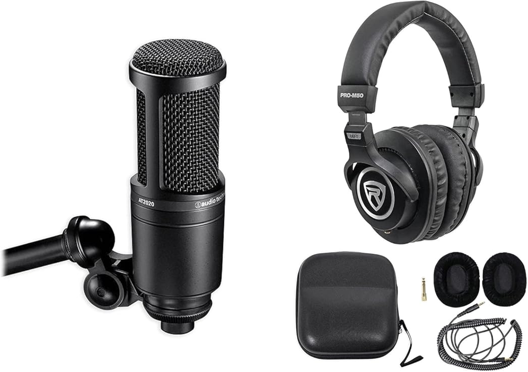 Audio-Technica AT2020 Studio Recording Microphone-Cardioid Condenser Mic Bundle with Rockville PRO-M50 Studio Headphones w/Detachable Coil Cable, Case with Extra Ear Pad
