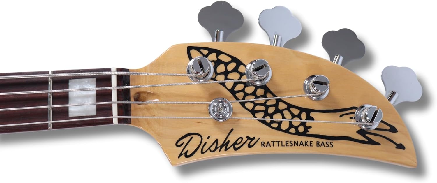 Disher Rattlesnake Bass Guitar (with Disher hard case, Disher seatbelt/leather guitar strap & 10 ft braided guitar cable) (3 Colors) (Metallic Cherry Red)