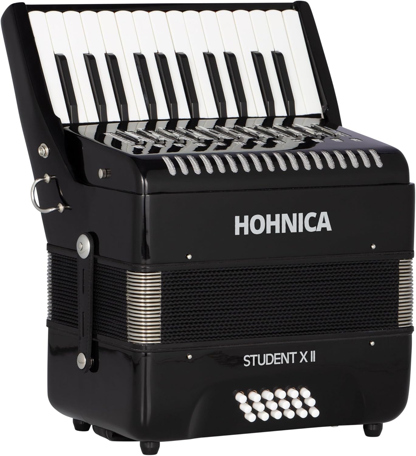 Hohner Hohnica Student XII 44-Key 18 Bass Piano Accordion - Black Bundle with Gig Bag, Adjustable Stand, and Austin Bazaar Polishing Cloth
