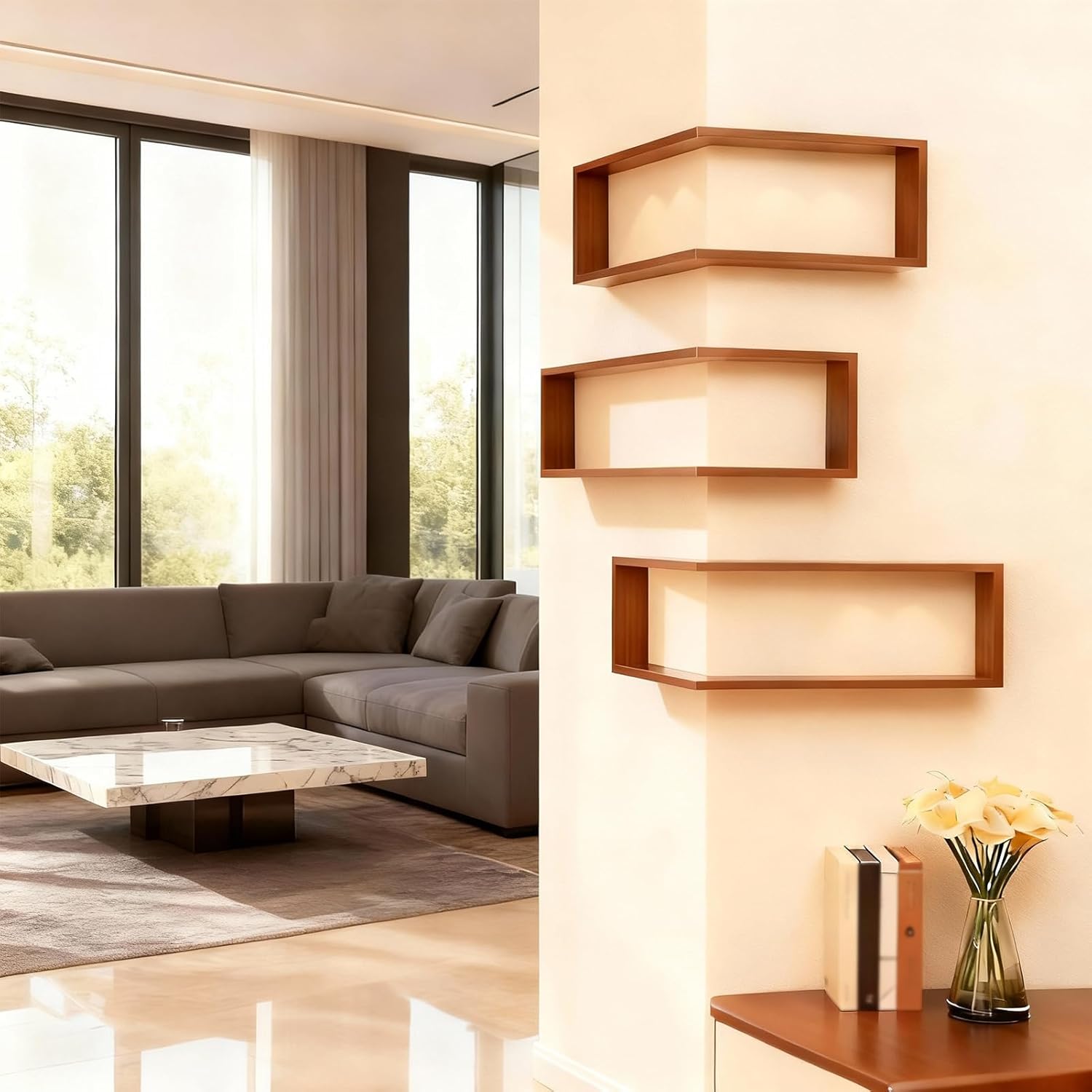 Amacthysh Corner Shelves L-Shaped Wall-Mounted Corner Shelf Display Rack Wood Color Corner Floating Storage Shelves for Books Decor Plants,3pcs