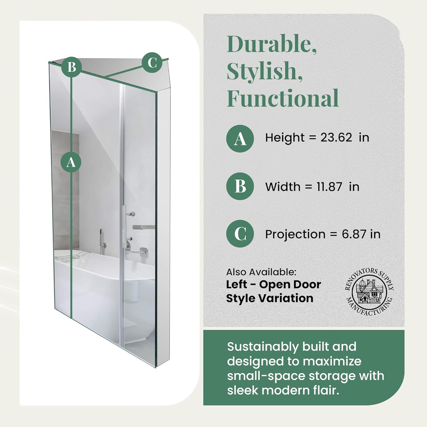 Renovators Supply Infinity Corner Medicine Cabinet with Mirror - Triple Shelf Storage Cabinet - Modern Wall Mount Medicine Cabinet - 23.6 in., Right Open, Polished Stainless Steel, Pack of 1